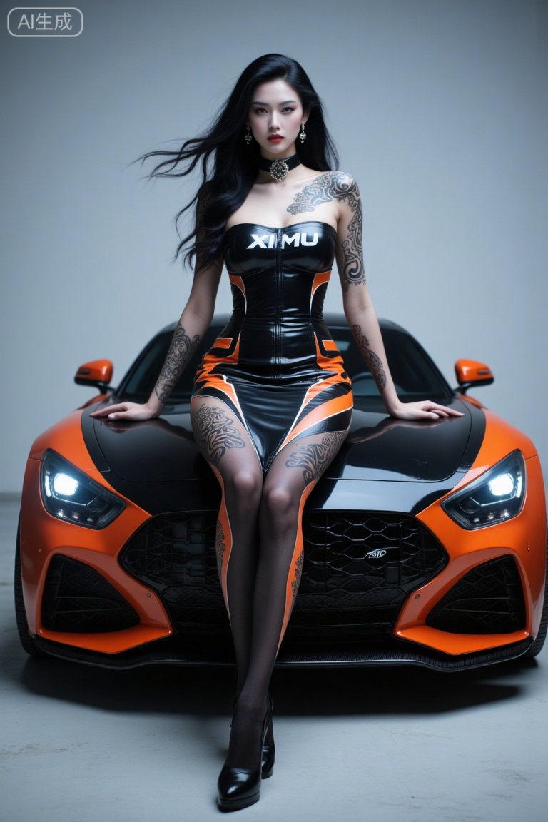 A woman sits on the front hood of a sports car in a confident and alluring pose. She wears a strapless, form-fitting dress in black, orange, and white, with a glossy texture and a white "XIMU" logo on the front. Paired with black stockings and high-heeled shoes, her long black hair cascades in loose waves. Accessories include a choker necklace and earrings. The plain neutral background effectively focuses attention on her striking presence.
