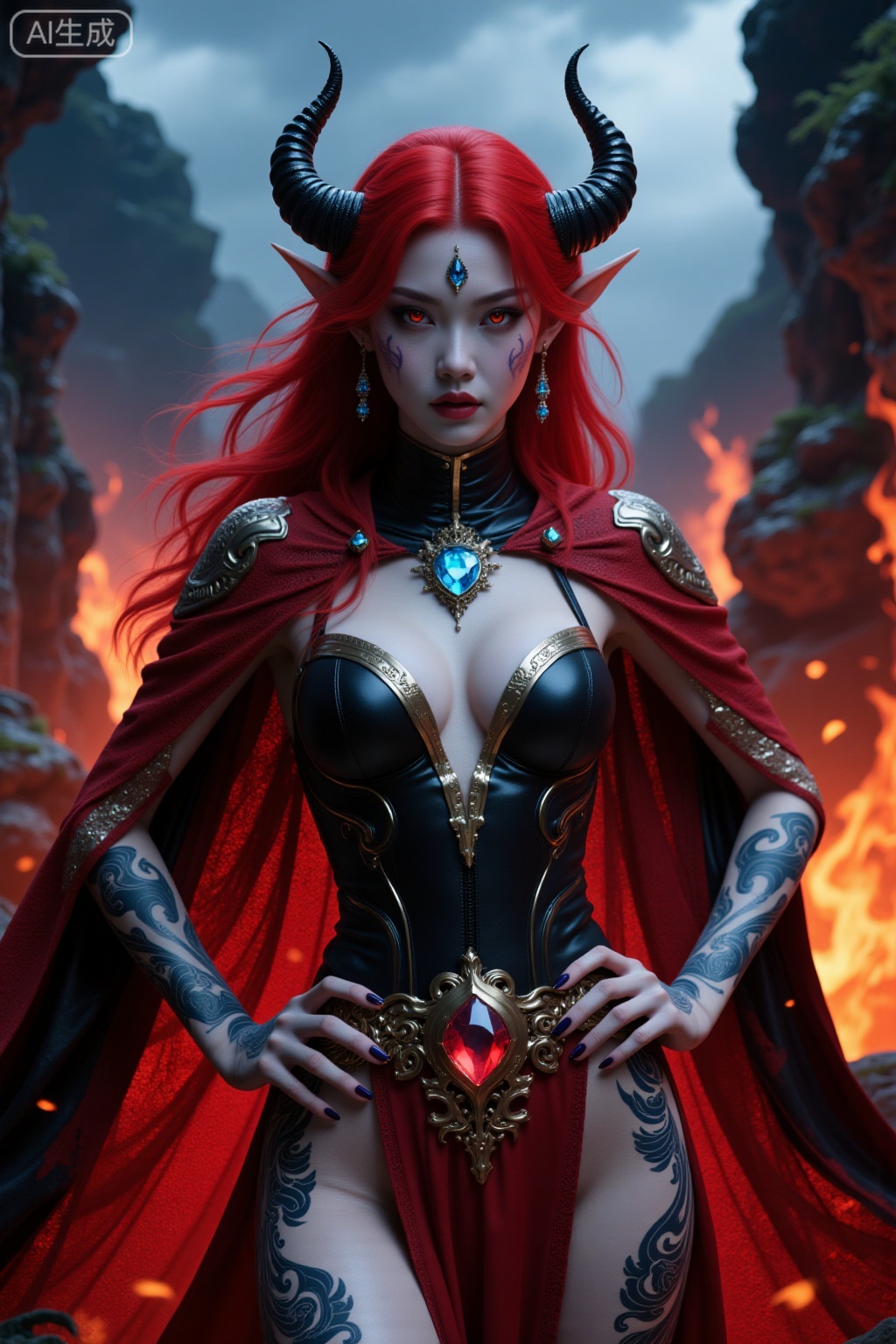 Super realistic photos, complex details, master composition, realistic photography style, 8k resolution, high definition, visual impact, depth of field,
1girl, horns, jewelry, solo, earrings, red hair, hands on hips, fire, long hair, breasts, red eyes, cape, looking at viewer, pointy ears, cleavage, leotard, gem, nail polish, black leotard, sky, medium breasts, standing