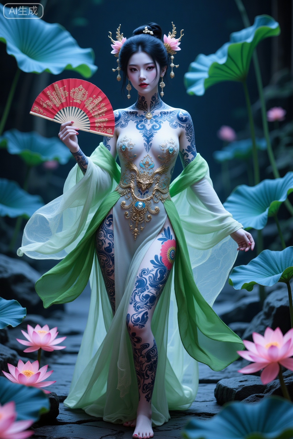 Super realistic photos, complex details, master composition, realistic photography style, 8k resolution, high definition, visual impact, depth of field,
1girl, solo, hand fan, lotus, hair ornament, black hair, flower, makeup, see-through, jewelry, colored skin, breasts, full-body tattoo, holding, hair stick, barefoot, dress, facial mark, holding fan, full body, standing, blurry, earrings, hair bun, eyeshadow, lipstick, looking at viewer, eyeliner, lips, blue skin