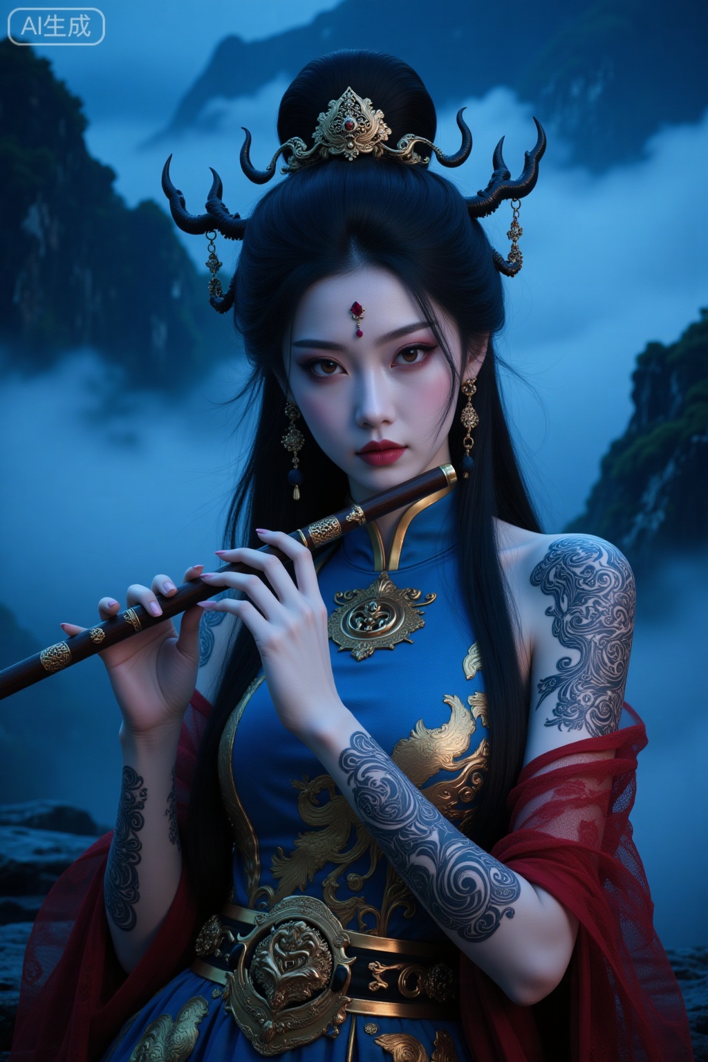 Super realistic photos, complex details, master composition, realistic photography style, 8k resolution, high definition, visual impact, depth of field,
1girl, solo, black hair, instrument, flute, long hair, forehead mark, jewelry, night, mountain, hair ornament, earrings, colored skin, chinese clothes, music, bare shoulders, shawl, facial mark, dress, playing instrument, breasts, fog