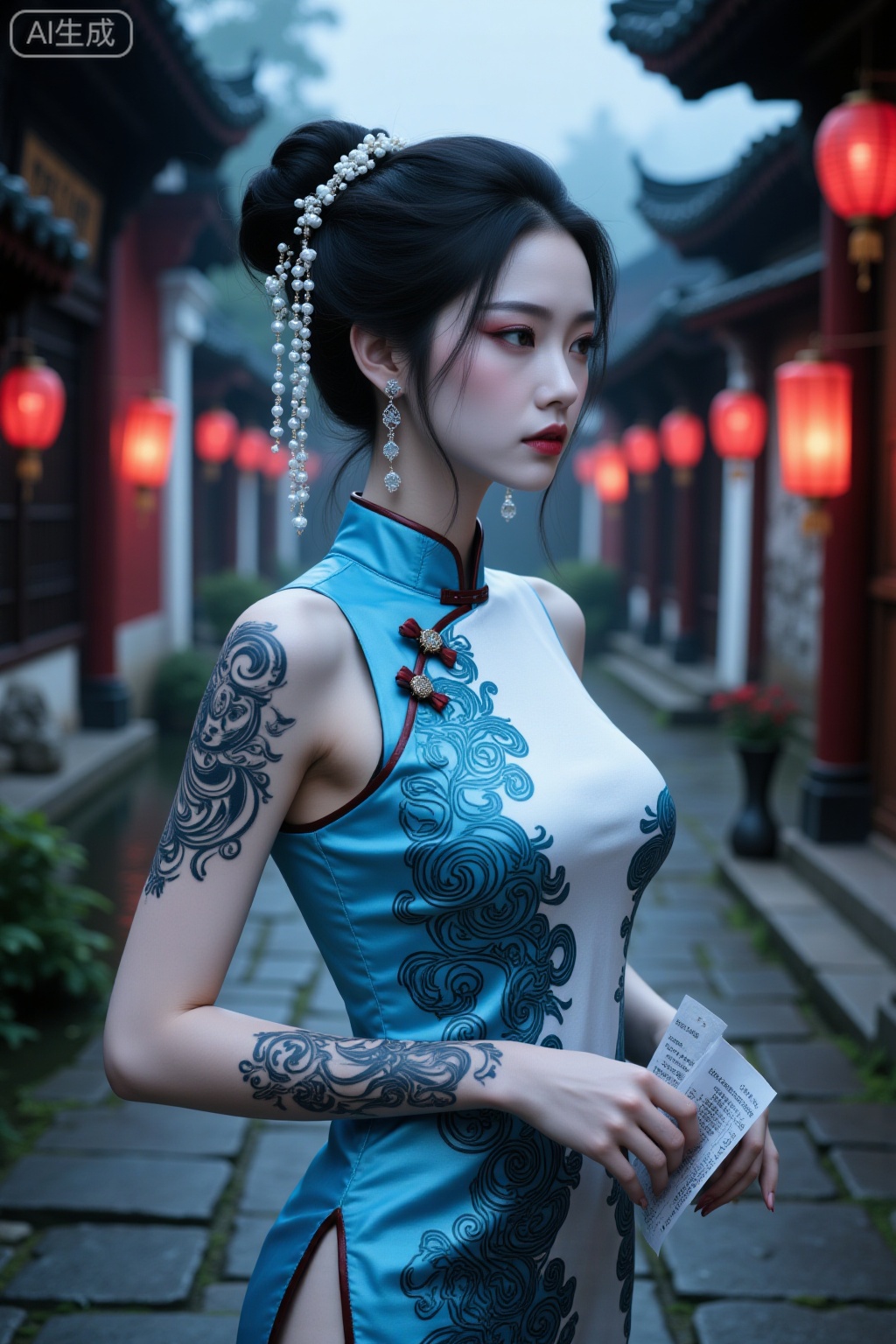 Super realistic photos, complex details, master composition, realistic photography style, 8k resolution, high definition, visual impact, depth of field,
1girl, chinese clothes, china dress, solo, dress, black hair, hair bun, hair ornament, jewelry, earrings, east asian architecture, architecture, outdoors, holding, side slit, single hair bun, lantern, blurry, holding paper, blue dress, blurry background, paper, looking to the side, makeup, day