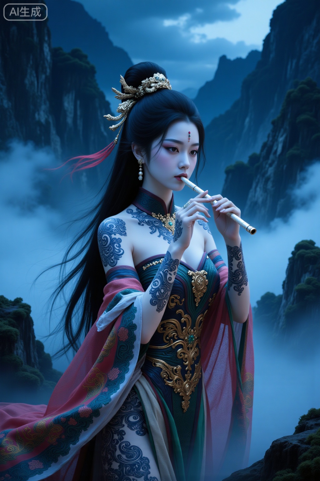 Super realistic photos, complex details, master composition, realistic photography style, 8k resolution, high definition, visual impact, depth of field,
1girl, solo, black hair, instrument, flute, long hair, forehead mark, jewelry, night, mountain, hair ornament, earrings, colored skin, chinese clothes, music, bare shoulders, shawl, facial mark, dress, playing instrument, breasts, fog