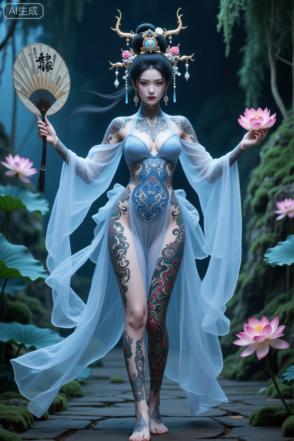 Super realistic photos, complex details, master composition, realistic photography style, 8k resolution, high definition, visual impact, depth of field,
1girl, solo, hand fan, lotus, hair ornament, black hair, flower, makeup, see-through, jewelry, colored skin, breasts, full-body tattoo, holding, hair stick, barefoot, dress, facial mark, holding fan, full body, standing, blurry, earrings, hair bun, eyeshadow, lipstick, looking at viewer, eyeliner, lips, blue skin