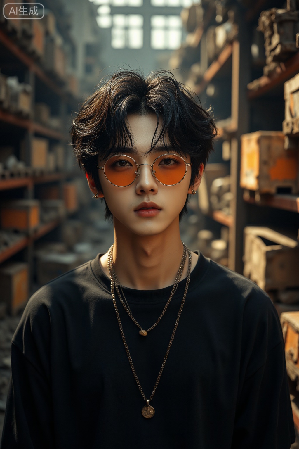 Super realistic photos, complex details, master composition, realistic photography style, 8k resolution, high definition, visual impact, depth of field,
In an abandoned warehouse filled with old crates and rusty machinery, a good - looking youth with short black hair appears. His hair is in a messy state. He wears a black shirt, adorned with a necklace and jewelry. His round orange - tinted glasses sit on his nose, and his red lips are slightly open as he looks straight at the viewer. The sunlight filtering through the broken windows creates a blurry, moody atmosphere.