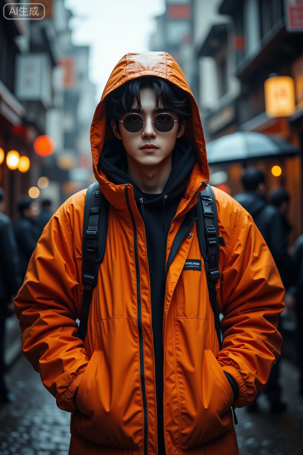 Super realistic photos, complex details, master composition, realistic photography style, 8k resolution, high definition, visual impact, depth of field,
hood, solo, hands in pockets, black hair, blurry, hood up, cyberpunk, blurry background, outdoors, rain, city, round eyewear, looking at viewer, orange jacket, zipper, male focus, jacket, depth of field, sunglasses, upper body, building, patch, closed mouth, standing, hooded jacket, long sleeves, 1boy