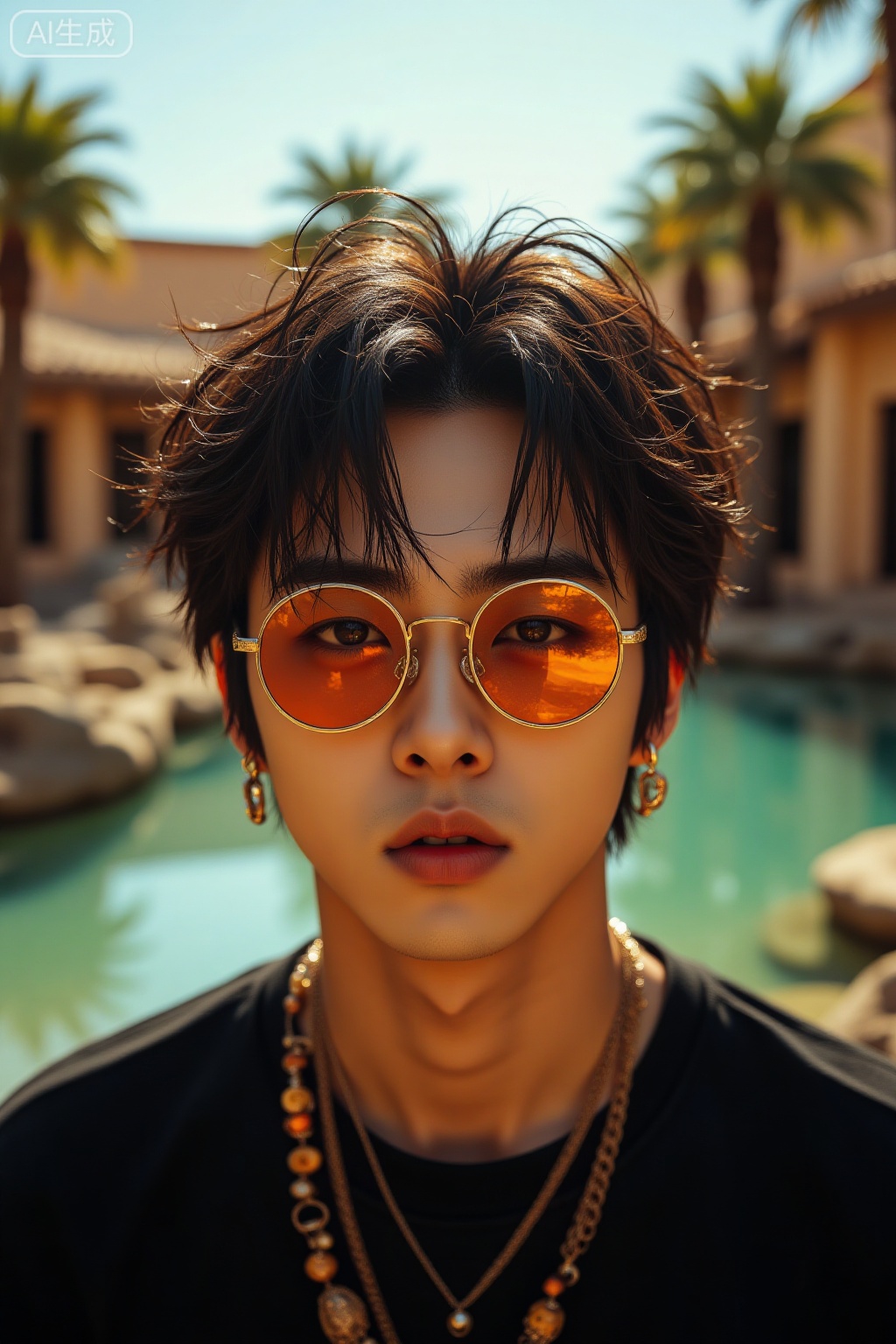 Super realistic photos, complex details, master composition, realistic photography style, 8k resolution, high definition, visual impact, depth of field,
In the middle of a vast desert oasis, a handsome guy with short, messy black hair and bangs is standing. He's wearing a black shirt, a necklace, and some jewelry. His round orange - tinted sunglasses cover his eyes as he looks directly at the viewer with his parted red - lipped mouth. The sunlight casts a warm glow around him, and the blurry background of palm trees and clear water adds an otherworldly touch.