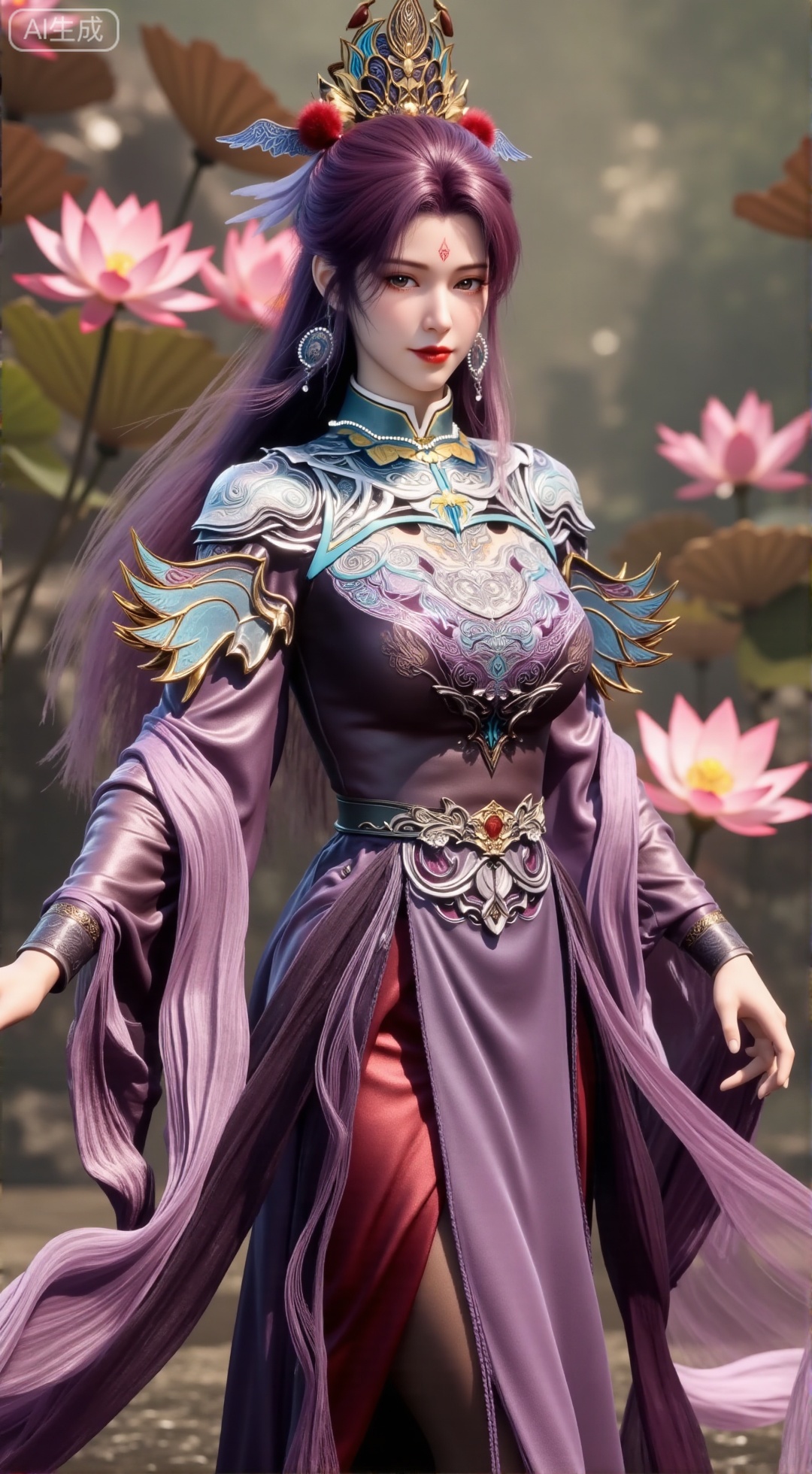 (masterpiece, best quality:1.2),1girl, navel, solo, midriff, bare shoulders, hair ornament,(long hair),(High double ponytail:1.49), red lips, BREAK, (looking at viewer:1.39), chinese clothes,(Holographic  long dress:1.36), (lace,Rainbow Gradient Color:1.28), BREAK,blurry, solo focus, long hair, lips, daytime, lipstick, outdoors, standing,upper body,(huge breasts:2.89), background, solo, makeup,(Stockings, high heels:1.29),(huge breasts:2.99),(full breasts:2.99),,(Background with lotus pond and pink lotus flowers:1.39),XbaifengsongyuYH,Xbigbreasts,Xyehuiling,XtangwutongXnb,Xyinyangjiaoshengnv,XmupeilingHongyi,XsiyouyouYH
