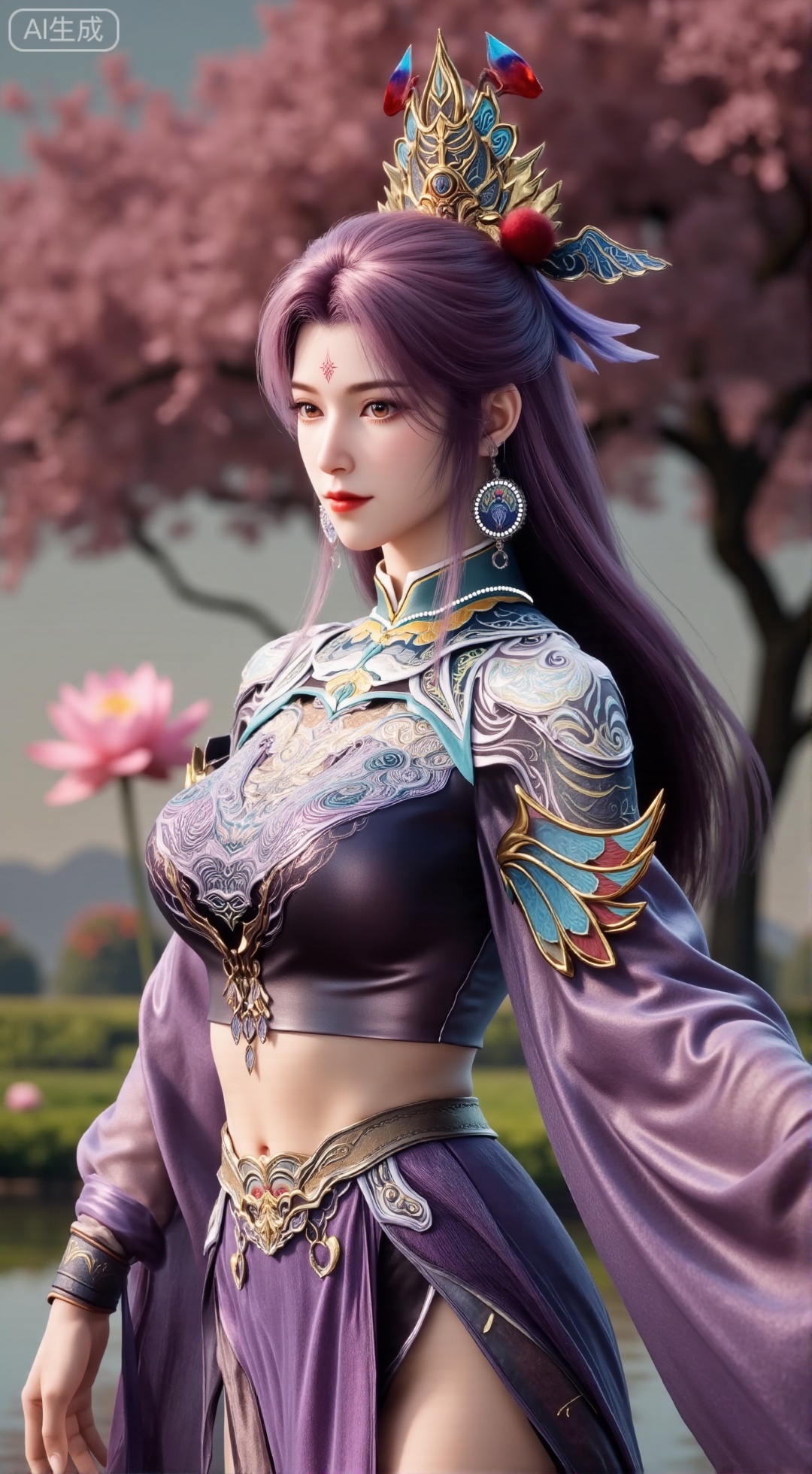 (masterpiece, best quality:1.2),1girl, navel, solo, midriff, bare shoulders, hair ornament,(long hair),(High double ponytail:1.49), red lips, BREAK, (looking at viewer:1.39), chinese clothes,(Holographic  long dress:1.36), (lace,Rainbow Gradient Color:1.28), BREAK,blurry, solo focus, long hair, lips, daytime, lipstick, outdoors, standing,upper body,(huge breasts:2.89), background, solo, makeup,(Stockings, high heels:1.29),(huge breasts:2.99),(full breasts:2.99),,(Background with lotus pond and pink lotus flowers:1.39),XbaifengsongyuYH,Xbigbreasts,Xyehuiling,XtangwutongXnb,Xyinyangjiaoshengnv,XmupeilingHongyi,XsiyouyouYH