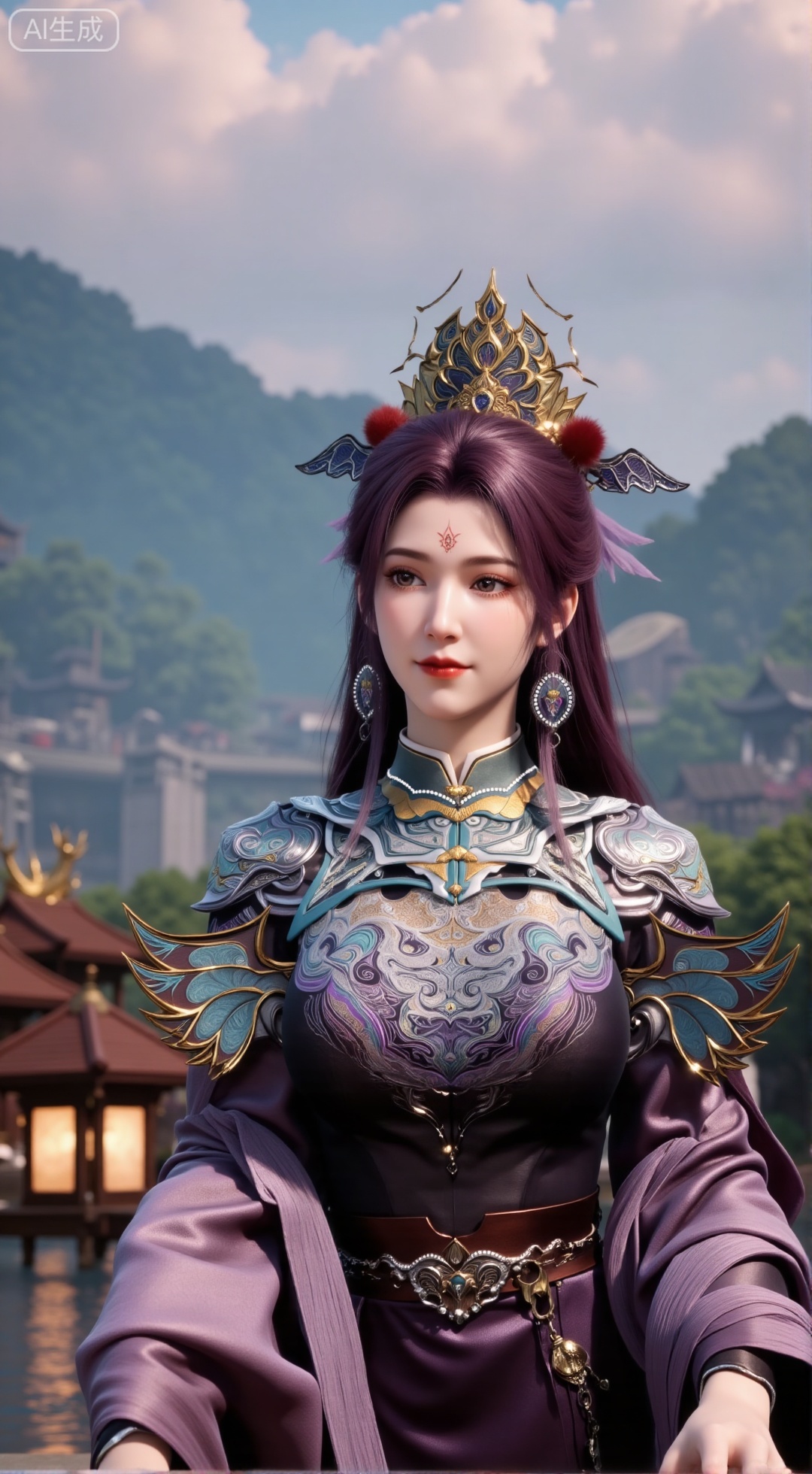 (masterpiece, best quality:1.2),1 girl, solo, long hair, hair accessories, clothing, long dress, jewelry, upper body, earrings. Background is outdoor, sky, clouds, water, trees, architecture, landscape, lantern, mountain, dragon, architecture, bridge, east Asian architecture, fog, pagoda,,(huge breasts:2.99),(full breasts:2.99),XbaifengsongyuYH,Xbigbreasts,Xyehuiling,XtangwutongXnb,Xyinyangjiaoshengnv,XmupeilingHongyi,XsiyouyouYH