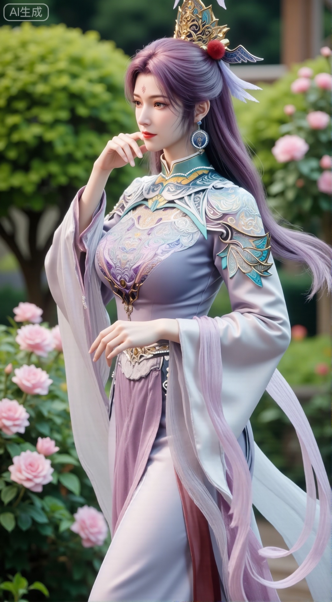 (masterpiece:1.2),best quality,,A woman adorned in traditional Chinese attire,(long dress,long hair),featuring a flowing robe with intricate embroidery and floral accents. A garden filled with pink roses and lush greenery. Soft pastel hues of white,blue,and green,creating a serene atmosphere. Photorealistic photography.,(huge breasts:2.99),(full breasts:2.99),XbaifengsongyuYH,Xbigbreasts,Xyehuiling,XtangwutongXnb,Xyinyangjiaoshengnv,XmupeilingHongyi,XsiyouyouYH