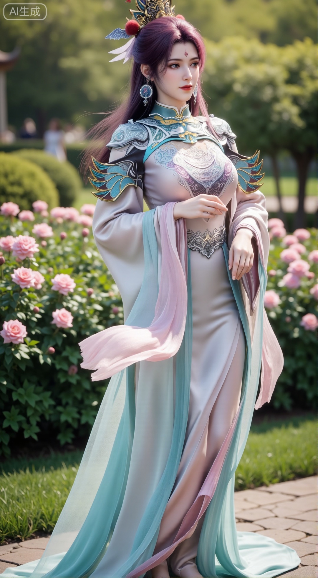 (masterpiece:1.2),best quality,,A woman adorned in traditional Chinese attire,(long dress,long hair),featuring a flowing robe with intricate embroidery and floral accents. A garden filled with pink roses and lush greenery. Soft pastel hues of white,blue,and green,creating a serene atmosphere. Photorealistic photography.,(huge breasts:2.99),(full breasts:2.99),XbaifengsongyuYH,Xbigbreasts,Xyehuiling,XtangwutongXnb,Xyinyangjiaoshengnv,XmupeilingHongyi,XsiyouyouYH