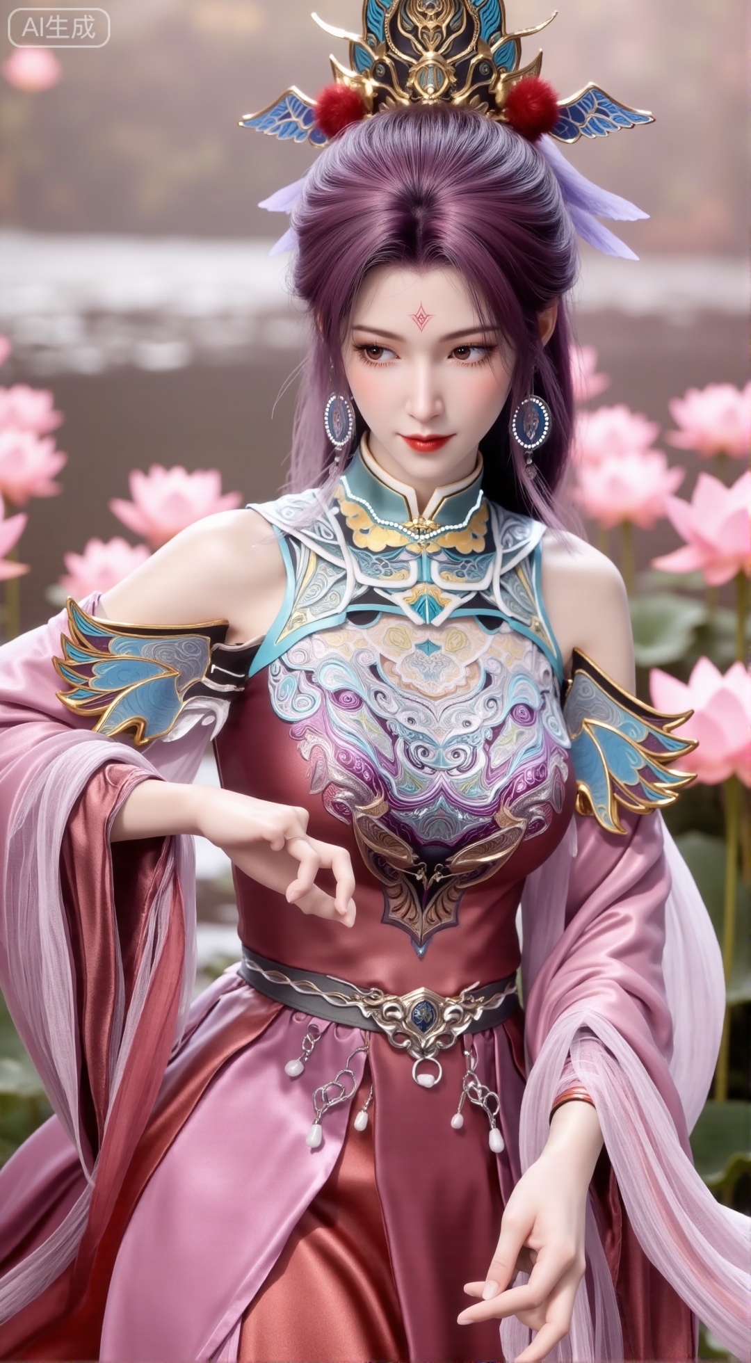 (masterpiece, best quality:1.2),1girl, navel, solo, midriff, bare shoulders, hair ornament,(long hair),(High double ponytail:1.49), red lips, BREAK, (looking at viewer:1.39), chinese clothes,(Holographic pink|white|yellow long dress:1.36), (lace,Rainbow Gradient Color:1.28), BREAK,blurry, solo focus, long hair, lips, daytime, lipstick, outdoors, standing,upper body,(huge breasts:2.89), background, solo, makeup,(Stockings, high heels:1.29),(huge breasts:2.99),(full breasts:2.99),,(Background with lotus pond and pink lotus flowers:1.39),XbaifengsongyuYH,Xbigbreasts,Xyehuiling,XtangwutongXnb,Xyinyangjiaoshengnv,XmupeilingHongyi,XsiyouyouYH