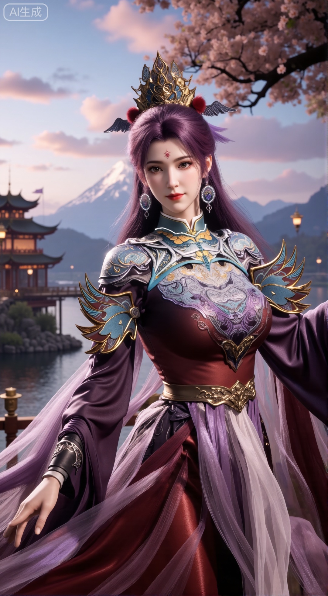 (masterpiece, best quality:1.2),1 girl, solo, long hair, hair accessories, clothing, long dress, jewelry, upper body, earrings. Background is outdoor, sky, clouds, water, trees, architecture, landscape, lantern, mountain, dragon, architecture, bridge, east Asian architecture, fog, pagoda,,(huge breasts:2.99),(full breasts:2.99),XbaifengsongyuYH,Xbigbreasts,Xyehuiling,XtangwutongXnb,Xyinyangjiaoshengnv,XmupeilingHongyi,XsiyouyouYH