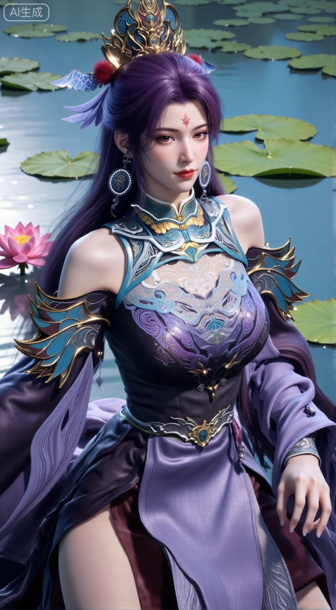 (masterpiece, best quality:1.2),1girl,long hair,flower,blue hair,lily pad,solo,dress,red eyes,sitting,breasts,horns,bare shoulders,lotus,blue dress,water,looking at viewer,medium breasts,pointy ears,detached sleeves,collarbone,cleavage,pink flower,monster girl,,(huge breasts:2.99),(full breasts:2.99),,XbaifengsongyuYH,Xbigbreasts,Xyehuiling,XtangwutongXnb,Xyinyangjiaoshengnv,XmupeilingHongyi,XsiyouyouYH