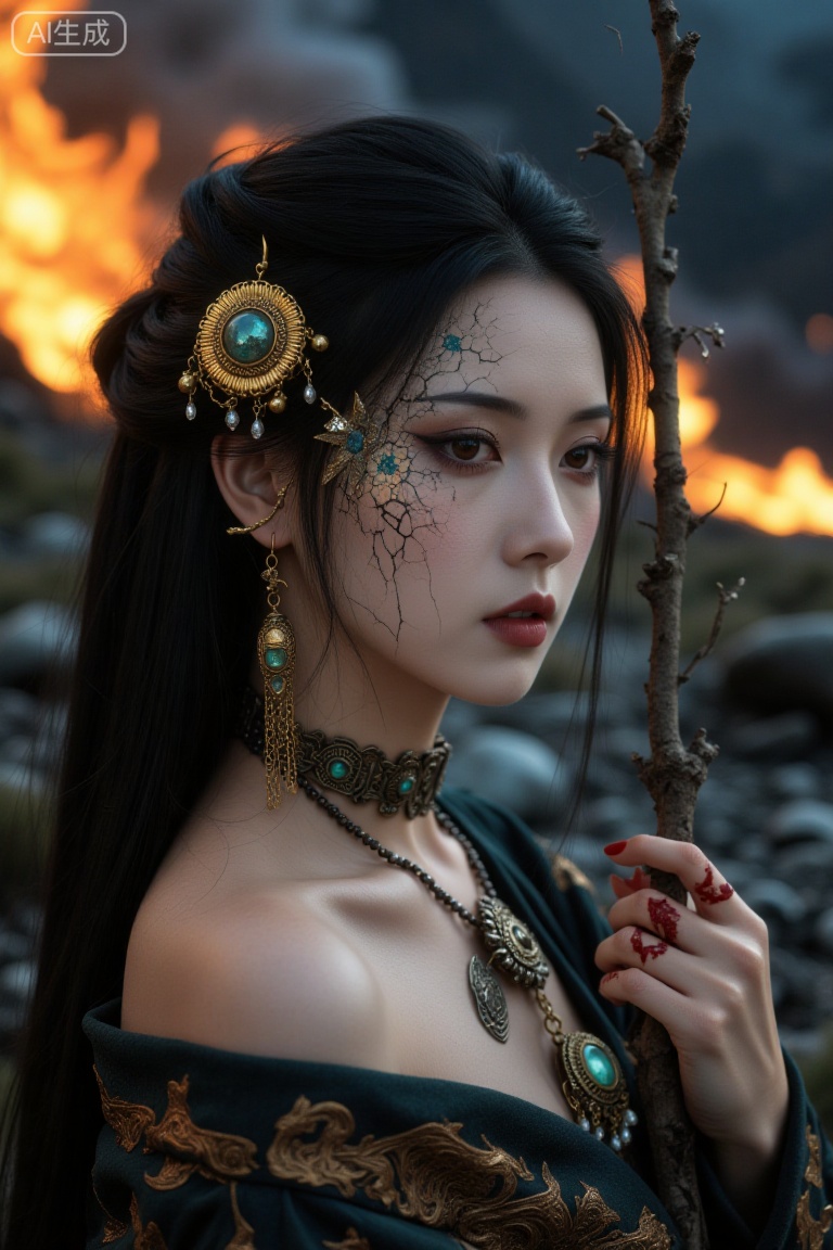 Super realistic photos, complex details, master composition, realistic photography style, 8k resolution, high definition, visual impact, depth of field,
The mountain fire rages, with thick smoke billowing. The girl with long black hair is alone beside it. Her hair ornaments and necklace glimmer with a strange light in the firelight. The girl's brown eyes are full of panic, and her lips are slightly parted. Her fingernails are bloody, and there is a branch beside her