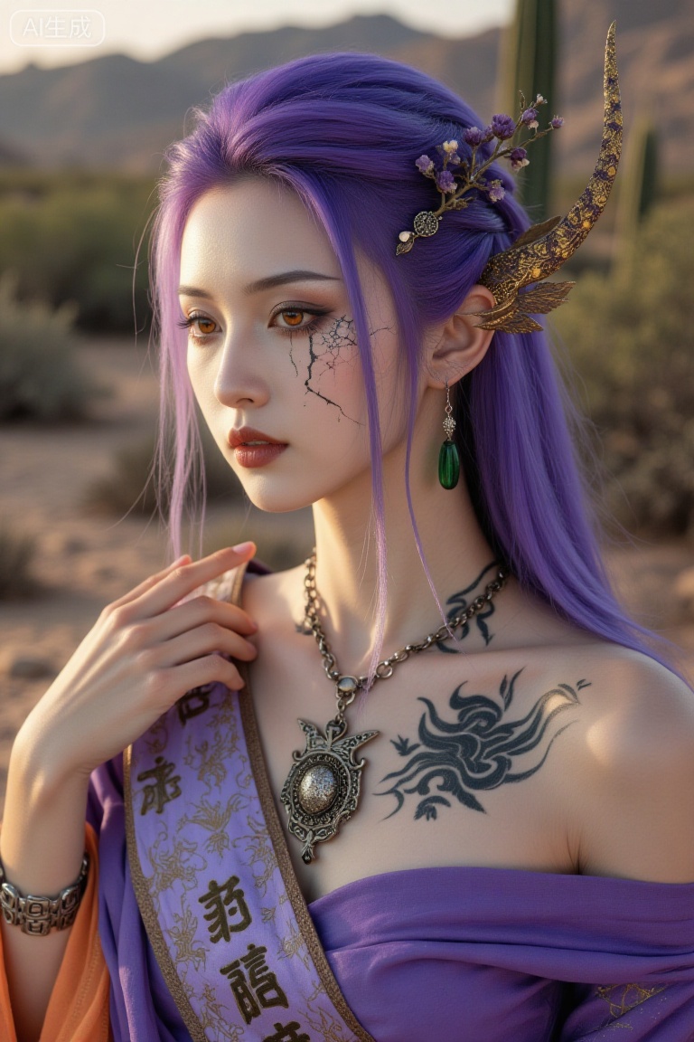 Super realistic photos, complex details, master composition, realistic photography style, 8k resolution, high definition, visual impact, depth of field,
1teenager, purple hair, sash, sand, solo, hairpin, half - up half - down hair, anklet, desert, gritted teeth, upper torso, cactus, lizard, orange eyes, wrists, torchlight