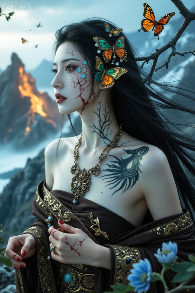 Super realistic photos, complex details, master composition, realistic photography style, 8k resolution, high definition, visual impact, depth of field,
On the towering mountain peak, the wind howls. The girl with long black hair is all by herself, her hair fluttering wildly in the wind. The jewelry she wears glitters in the sun, yet the bloodstains on her body are hard to hide. She opens her lips slightly as if shouting. The hair ornaments in her hair are 摇摇欲坠,and a delicate necklace adorns her neck. She holds a blood - stained branch in her hand, and a butterfly flits around her while there is a fire burning in the distance.