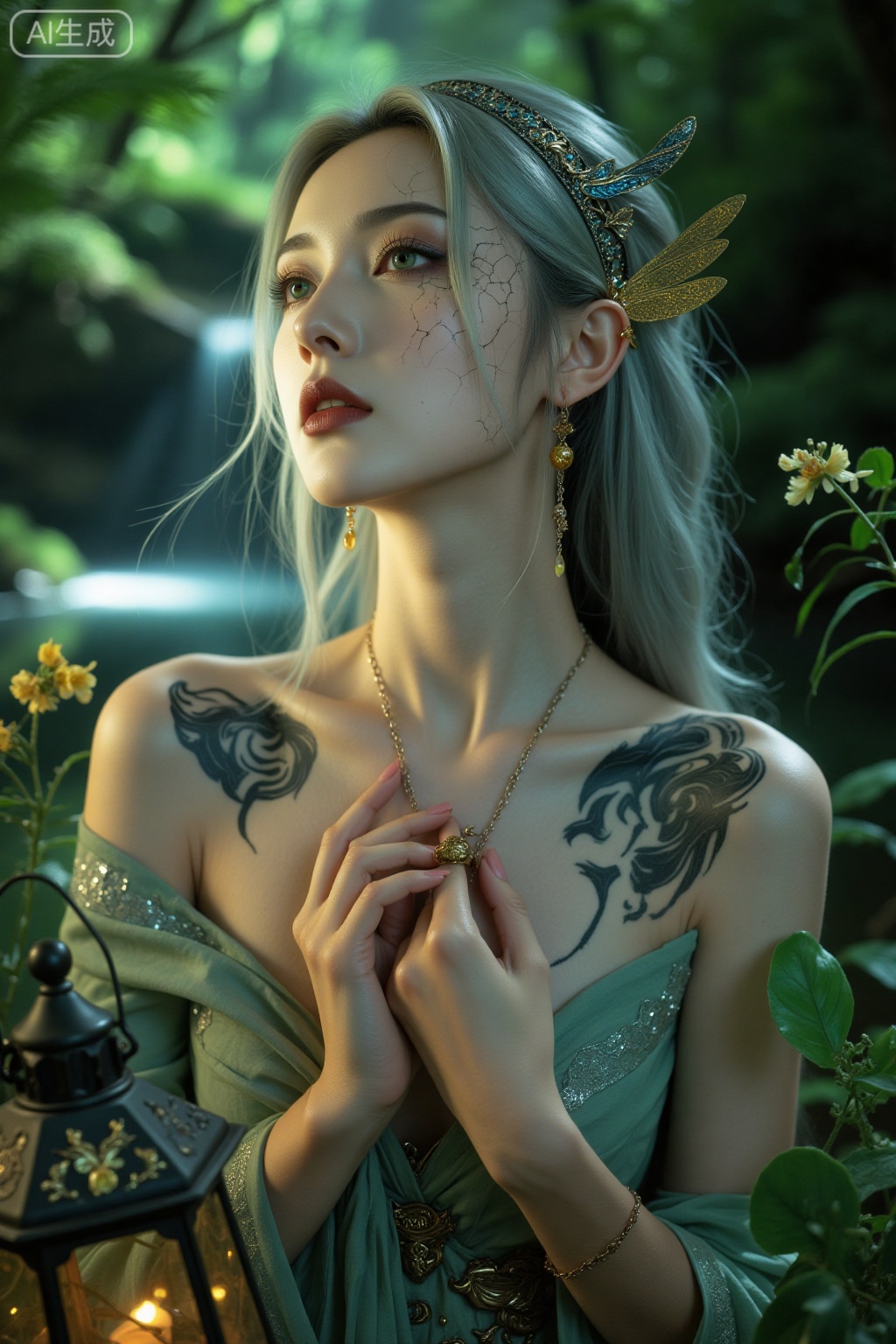 Super realistic photos, complex details, master composition, realistic photography style, 8k resolution, high definition, visual impact, depth of field,
1woman, silver hair, headband, honey, solo, earring, wavy hair, bracelet, meadow, pursed lips, lower body, reed, dragonfly, green eyes, knuckles, lantern