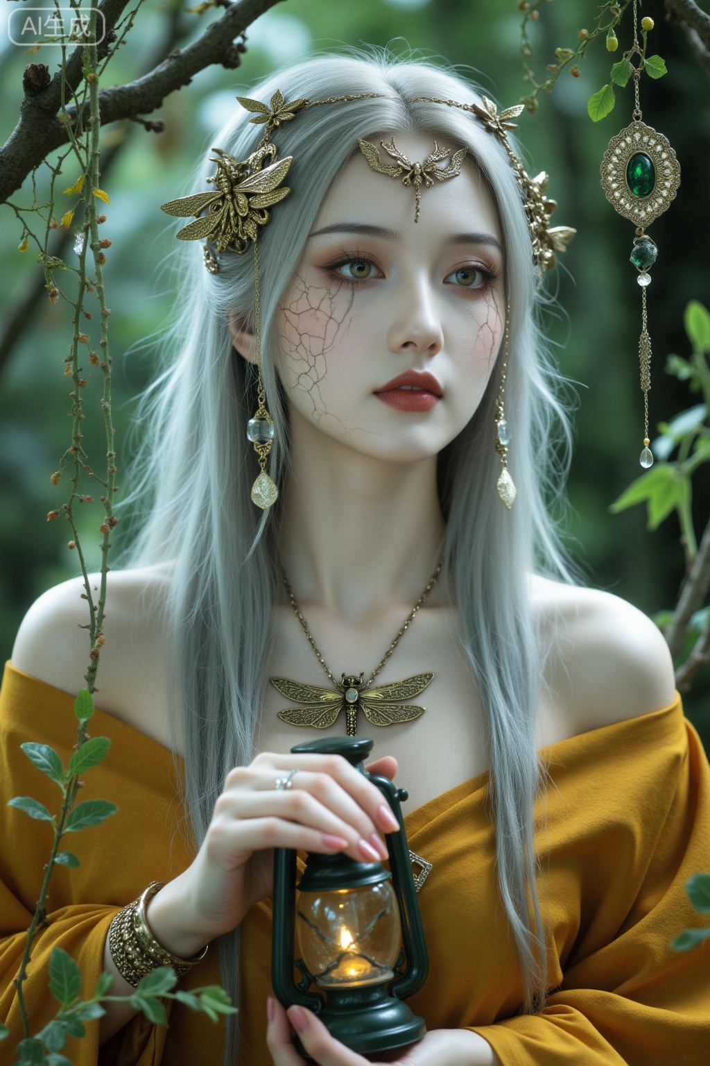 Super realistic photos, complex details, master composition, realistic photography style, 8k resolution, high definition, visual impact, depth of field,
1woman, silver hair, headband, honey, solo, earring, wavy hair, bracelet, meadow, pursed lips, lower body, reed, dragonfly, green eyes, knuckles, lantern