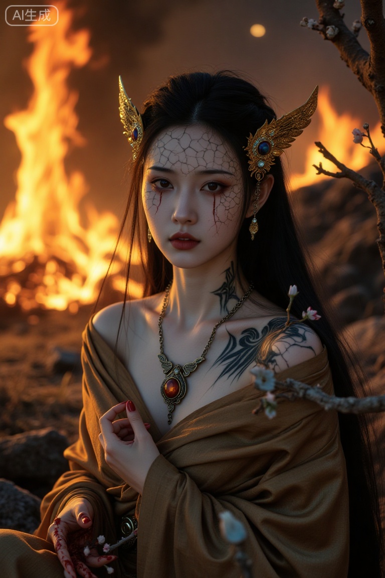 Super realistic photos, complex details, master composition, realistic photography style, 8k resolution, high definition, visual impact, depth of field,
The mountain fire rages, with thick smoke billowing. The girl with long black hair is alone beside it. Her hair ornaments and necklace glimmer with a strange light in the firelight. The girl's brown eyes are full of panic, and her lips are slightly parted. Her fingernails are bloody, and there is a branch beside her