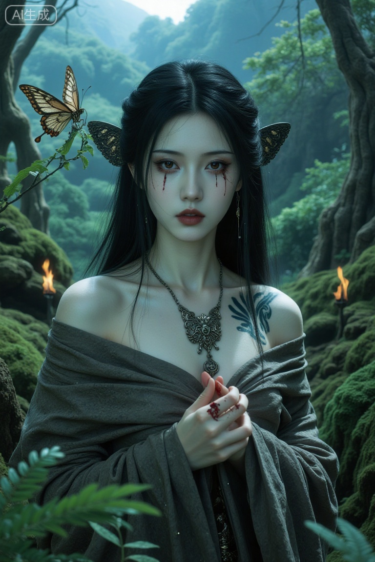 Super realistic photos, complex details, master composition, realistic photography style, 8k resolution, high definition, visual impact, depth of field,
In the secluded mountain forest, a solitary girl with long black hair stands alone. Wearing jewelry, her upper - body clothes are a bit disheveled. Her brown eyes show a hint of panic, and her lips are slightly parted. Her fingernails are stained with blood. A butterfly perches on a nearby branch, and in the distance, there is a flicker of fire.