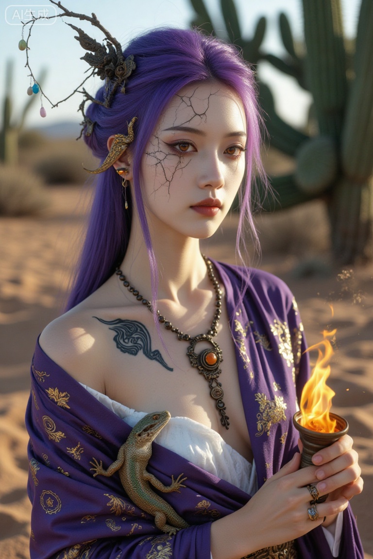 Super realistic photos, complex details, master composition, realistic photography style, 8k resolution, high definition, visual impact, depth of field,
1teenager, purple hair, sash, sand, solo, hairpin, half - up half - down hair, anklet, desert, gritted teeth, upper torso, cactus, lizard, orange eyes, wrists, torchlight