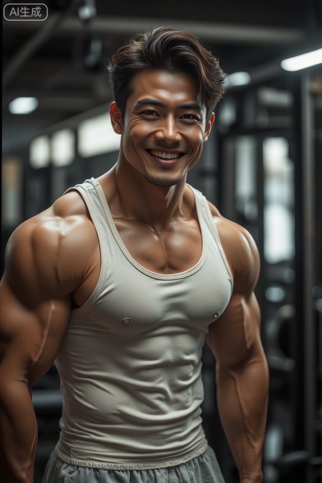 masterpiece, ultra detailed, 8K resolution, photorealistic, handsome muscular guy (upper body muscles close-up: 1.2), wearing a white tight vest, revealing strong abdominal muscles and arm muscles, standing in front of the mirror in the gym, smiling confidently, taking selfies at the camera. The gym is bright and bright, highlighting the muscle lines. There are various fitness equipment in the background, and the colors are mainly gray and white tones, highlighting the modernity and power