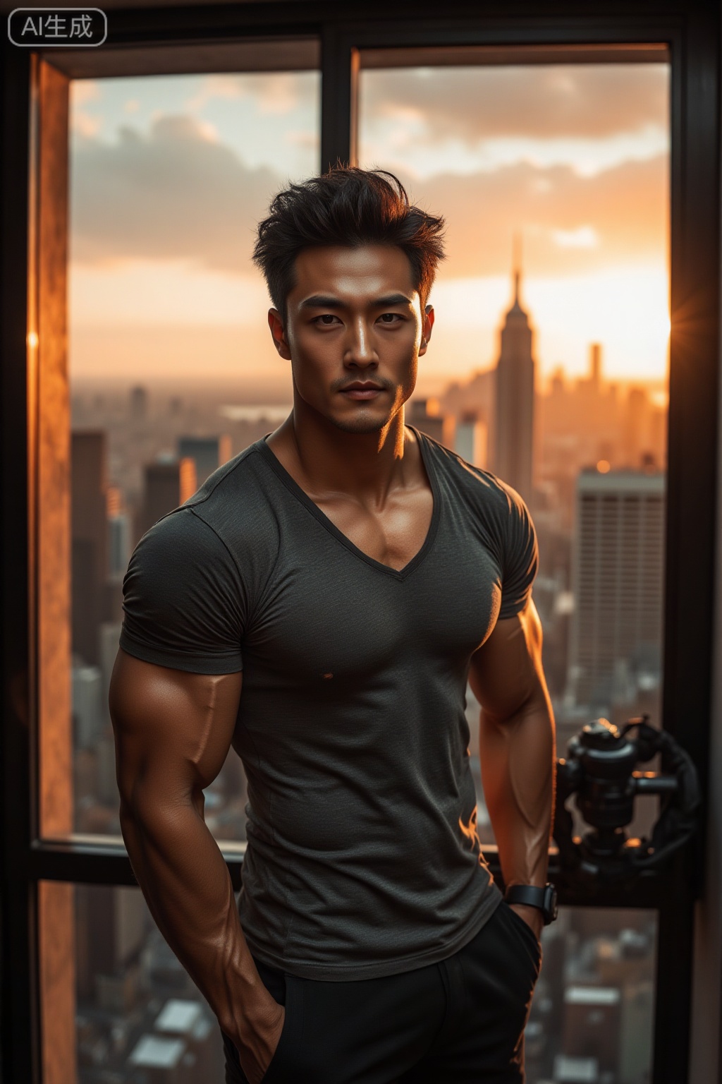 best quality, 8K resolution, photorealistic, handsome muscular guy (smooth muscle lines on the back: 1.3), wearing a gray shirt, unbuttoned the collar, slightly rolled up the sleeves, and paired with black trousers on the lower body. Standing in front of the floor-to-ceiling window of the office building, overlooking the city street view, taking a selfie in front of the camera with one hand in his pocket, his eyes are deep, the afterglow of the evening sunset is on his body, the warm orange light is intertwined with the cold white lights in the room, forming a unique light and shadow effect, the overall color is mainly warm tones