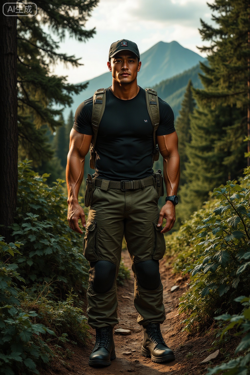 masterpiece, ultra detailed, 8K resolution, photorealistic, handsome muscular guy (shoulder muscles are wide and thick: 1.2), wearing a black short-sleeved T-shirt and military green work pants, black Martin boots, standing on an outdoor hiking trail, behind it is a dense forest and a distant peak, wearing a baseball cap, tilting his head slightly to take a selfie at the camera, the sun shines mottled light and shadow through the leaves, the colors are mainly green and brown, reflecting nature and vitality