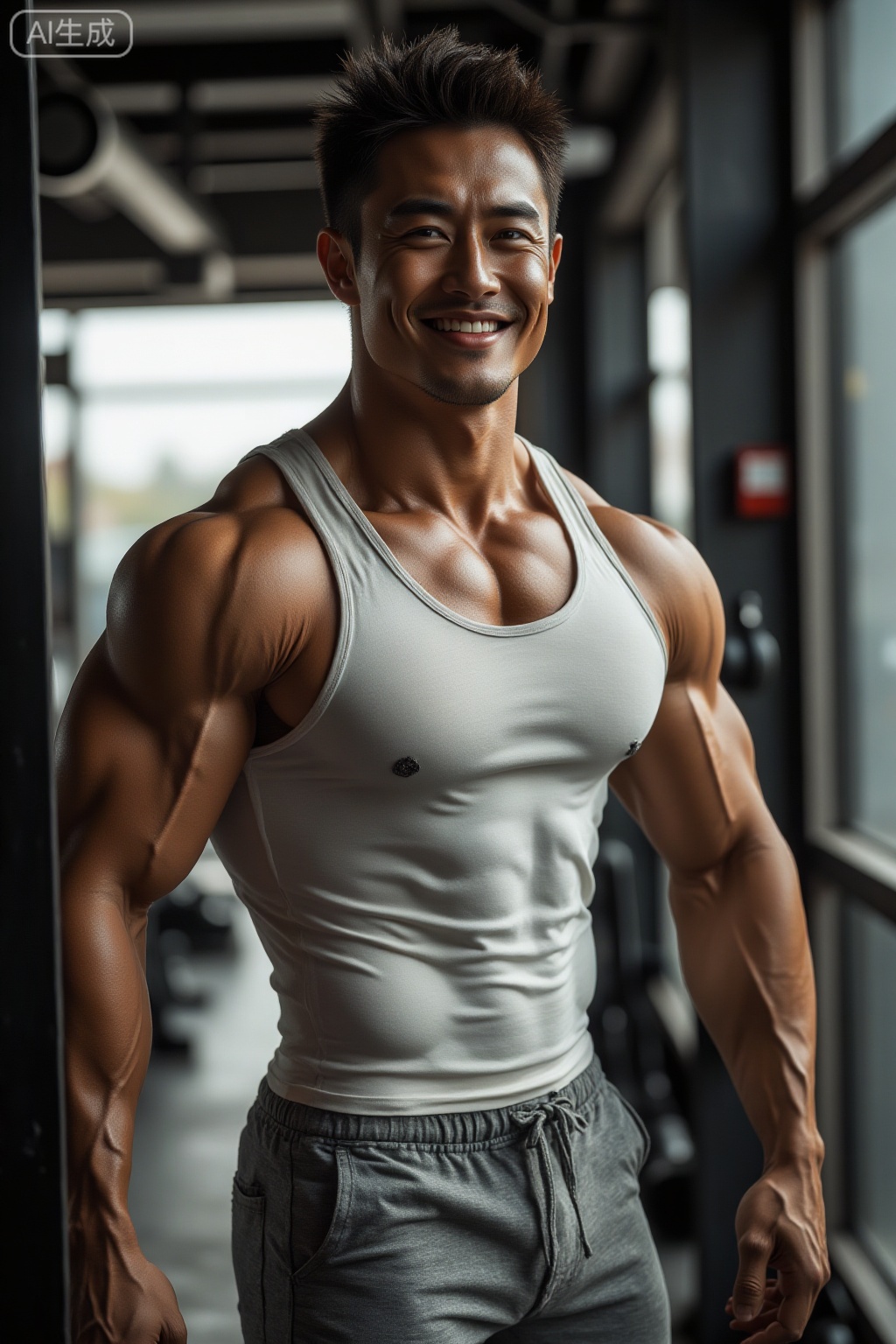masterpiece, ultra detailed, 8K resolution, photorealistic, handsome muscular guy (upper body muscles close-up: 1.2), wearing a white tight vest, revealing strong abdominal muscles and arm muscles, standing in front of the mirror in the gym, smiling confidently, taking selfies at the camera. The gym is bright and bright, highlighting the muscle lines. There are various fitness equipment in the background, and the colors are mainly gray and white tones, highlighting the modernity and power