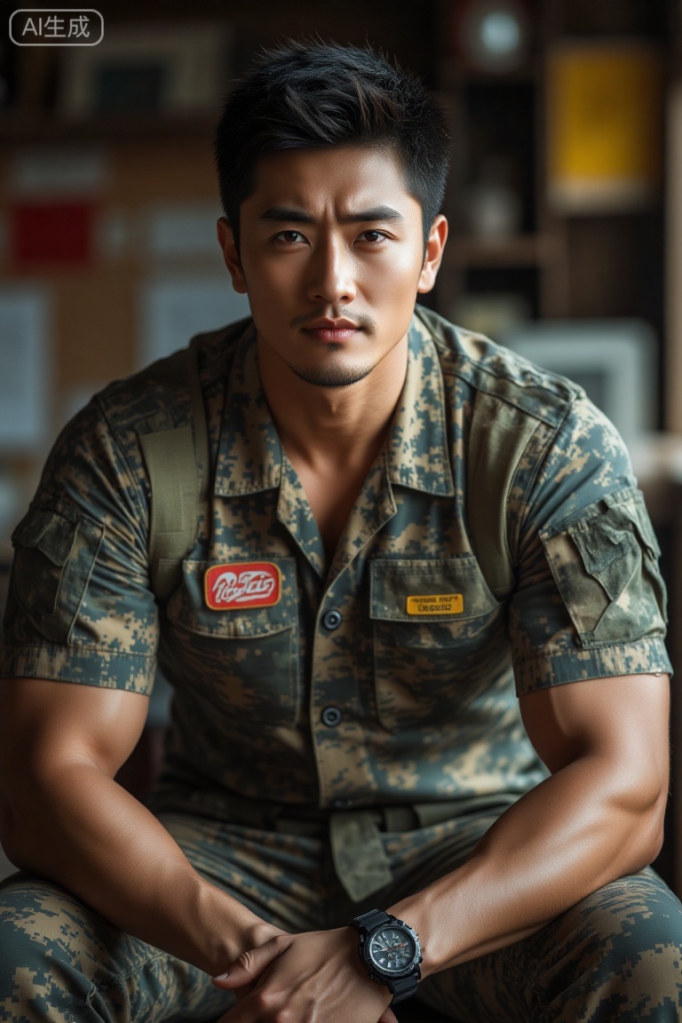 1boy, watch, solo, wristwatch, black hair, looking at viewer, uniform, sitting, camouflage, short hair,  pants, blurry background, shirt, facial hair, blurry, short sleeves, 