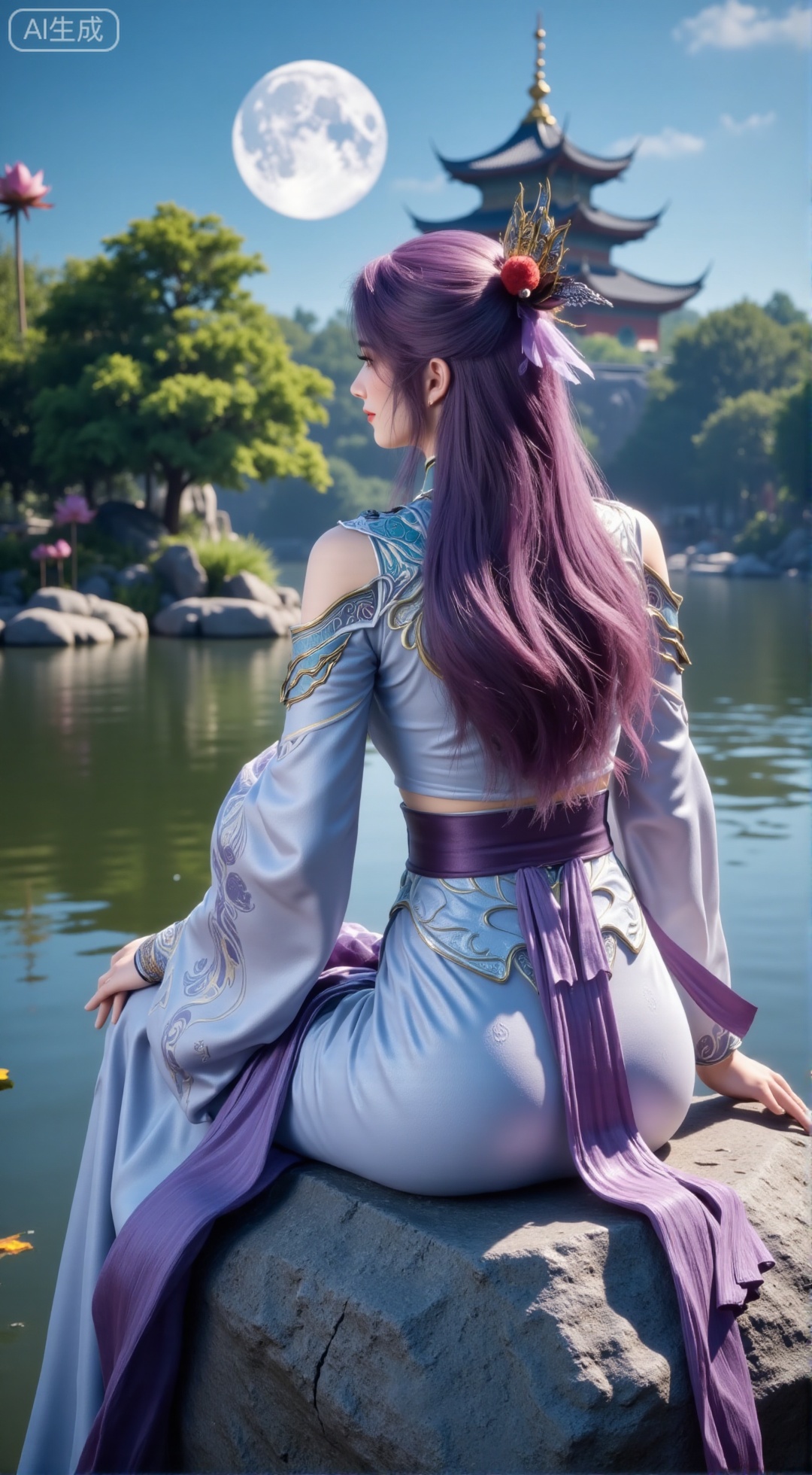 Best quality, Realistic, a woman with long, wavy purple hair is seated on a large gray rock. She is dressed in a light blue dress with a purple belt around her waist. Her dress is adorned with a flower in her hair, adding a touch of beauty to the scene. In the background, a pagoda-like structure stands out against a backdrop of trees and a moon.,(big breasts:2.89),(Lotus, lotus pond:1.69),,Xbigbreasts,XbaifengsongyuYH,XzhouzimoH,XliancangH,XmupeilingHongyi,XyinyueX3,Xmaoyibaizhequn,XpikaqiuTX,XmupeulingHY3,XmupeulingHY2,XtangwutongXnb,Xyinyangjiaoshengnv,XsiyouyouYH