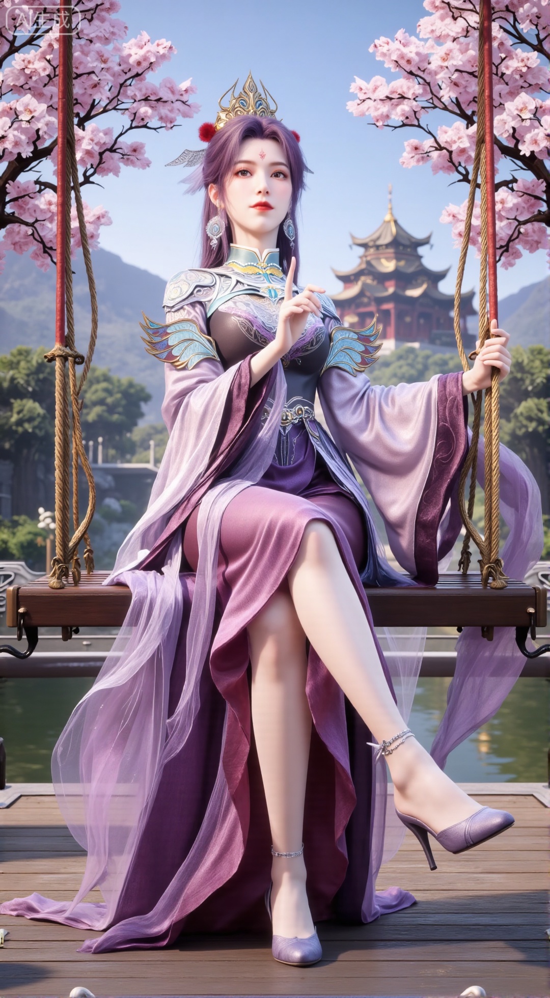  (masterpiece, top quality, best quality, official art, beautiful and aesthetic:1.2),Dynamic posture,(Sitting on the swing:1.39),natural skin texture,(Milky skin:1.2),1gir,solo,long Dress, (Long legs, perfect proportions:1.2),(Sakura, butterfly:1.29),(huge breasts:2.99),(full breasts:2.99),Wisteria, wisteria flowers, castle, waterfall, mountains in the distance,,,Xbigbreasts,XbaifengsongyuYH,XzhouzimoH,XliancangH,XmupeilingHongyi,XyinyueX3,Xmaoyibaizhequn,XpikaqiuTX,XmupeulingHY3,XmupeulingHY2,XtangwutongXnb,Xyinyangjiaoshengnv,XsiyouyouYH