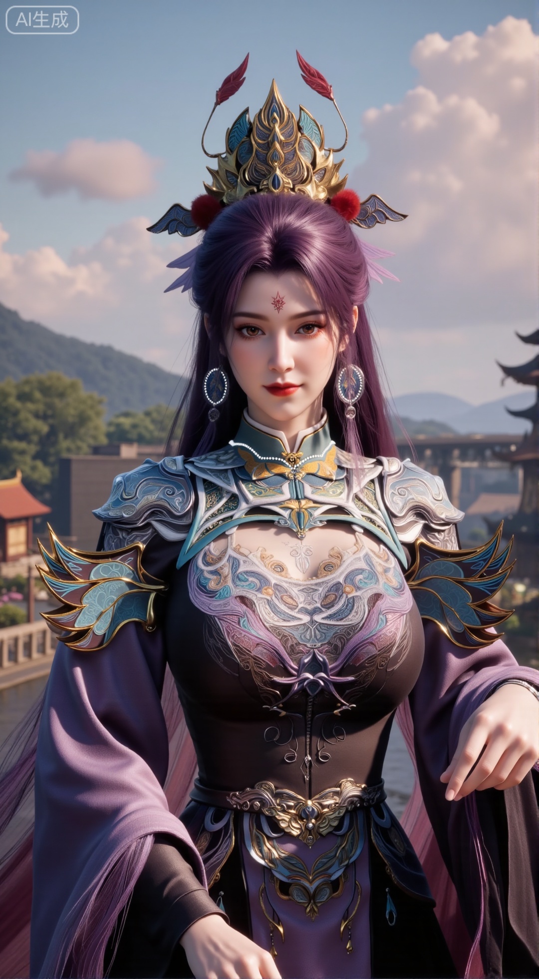  (masterpiece, best quality:1.2),1 girl, solo, long hair, black hair, hair accessories, clothing, cleavage cuts, long dress, jewelry, upper body, earrings. Background is outdoor, sky, clouds, water, trees, architecture, landscape, lantern, mountain, dragon, architecture, bridge, east Asian architecture, fog, pagoda,,(huge breasts:2.99),(full breasts:2.99),,,,Xbigbreasts,XbaifengsongyuYH,XzhouzimoH,XliancangH,XmupeilingHongyi,XyinyueX3,Xmaoyibaizhequn,XpikaqiuTX,XmupeulingHY3,XmupeulingHY2,XtangwutongXnb,Xyinyangjiaoshengnv,XsiyouyouYH
