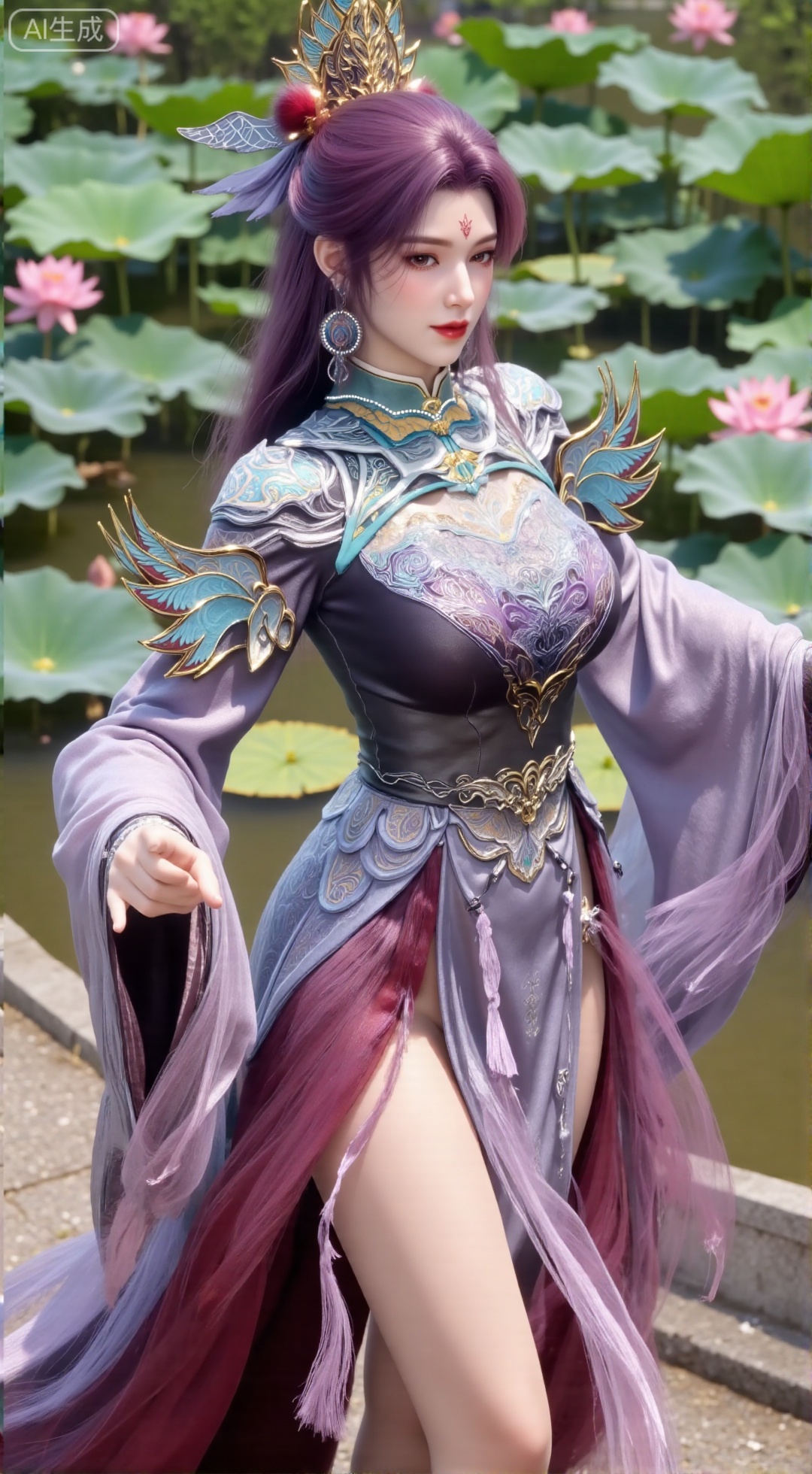 (masterpiece, best quality:1.2),1girl, navel, solo, midriff, bare shoulders, hair ornament,(long hair),(High double ponytail:1.49), red lips, BREAK, (looking at viewer:1.39), chinese clothes,(Holographic Color long dress:1.36), (lace,Rainbow Gradient Color:1.28), BREAK,blurry, solo focus, long hair, lips, daytime, lipstick, outdoors, standing,upper body,(huge breasts:2.89), background, solo, makeup,(Stockings, high heels:1.29),(huge breasts:2.99),(full breasts:2.99),,(Background with lotus pond and pink lotus flowers:1.39),,Xbigbreasts,XbaifengsongyuYH,XzhouzimoH,XliancangH,XmupeilingHongyi,XyinyueX3,Xmaoyibaizhequn,XpikaqiuTX,XmupeulingHY3,XmupeulingHY2,XtangwutongXnb,Xyinyangjiaoshengnv,XsiyouyouYH