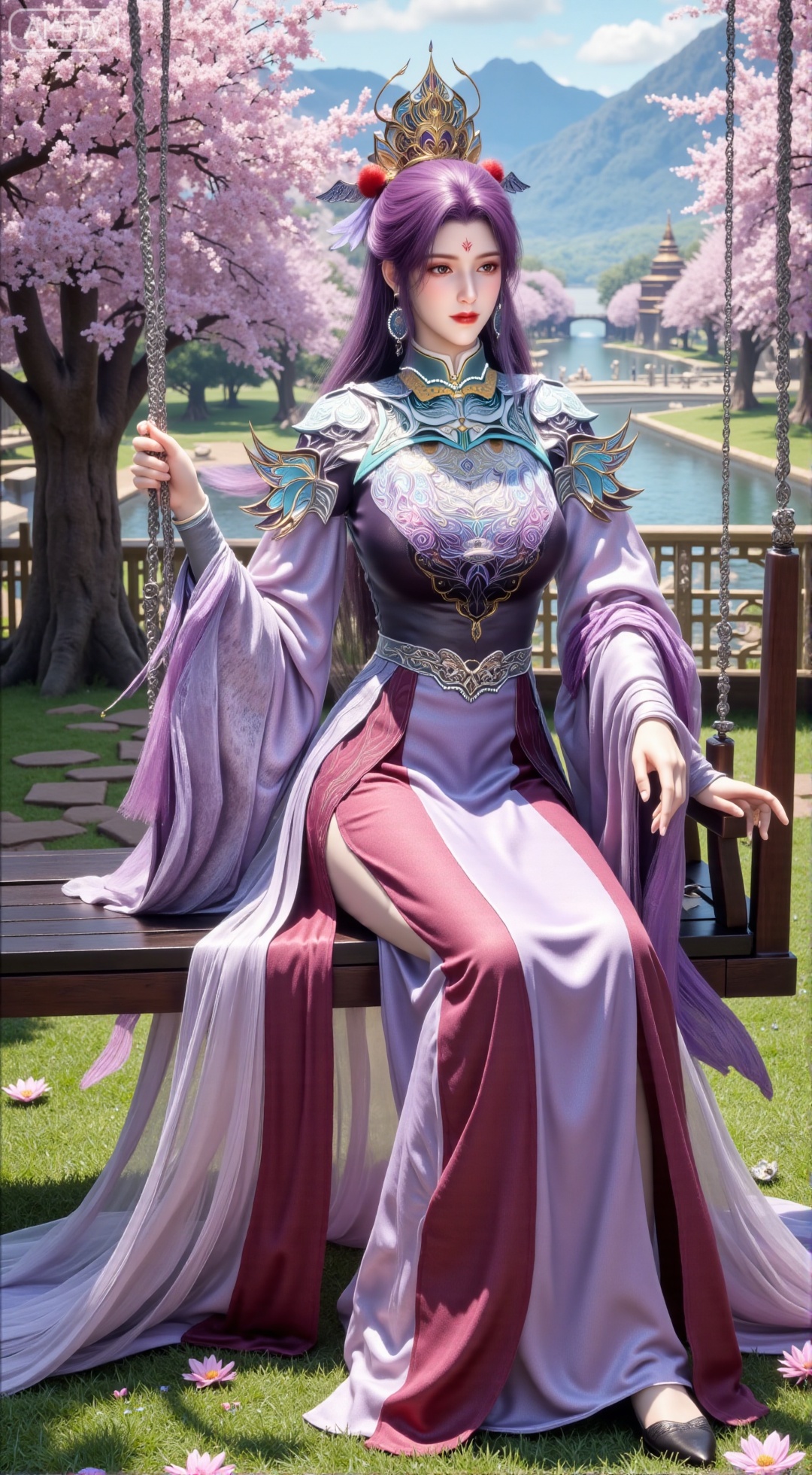  (masterpiece, top quality, best quality, official art, beautiful and aesthetic:1.2),Dynamic posture,(Sitting on the swing:1.39),natural skin texture,(Milky skin:1.2),1gir,solo,long Dress, (Long legs, perfect proportions:1.2),(Sakura, butterfly:1.29),(huge breasts:2.99),(full breasts:2.99),Wisteria, wisteria flowers, castle, waterfall, mountains in the distance,,,Xbigbreasts,XbaifengsongyuYH,XzhouzimoH,XliancangH,XmupeilingHongyi,XyinyueX3,Xmaoyibaizhequn,XpikaqiuTX,XmupeulingHY3,XmupeulingHY2,XtangwutongXnb,Xyinyangjiaoshengnv,XsiyouyouYH