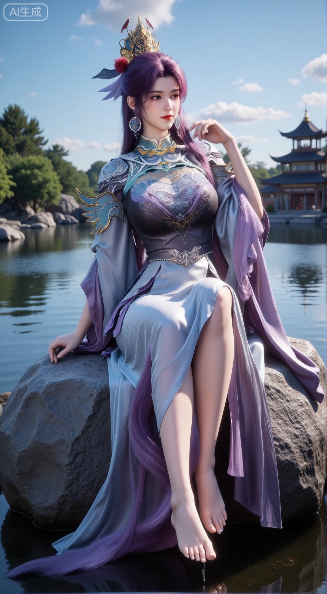 Best quality, Realistic, a woman with long, wavy purple hair is seated on a large gray rock. She is dressed in a light blue dress with a purple belt around her waist. Her dress is adorned with a flower in her hair, adding a touch of beauty to the scene. In the background, a pagoda-like structure stands out against a backdrop of trees and a moon.,(big breasts:2.89),(Lotus, lotus pond:1.69),,Xbigbreasts,XbaifengsongyuYH,XzhouzimoH,XliancangH,XmupeilingHongyi,XyinyueX3,Xmaoyibaizhequn,XpikaqiuTX,XmupeulingHY3,XmupeulingHY2,XtangwutongXnb,Xyinyangjiaoshengnv,XsiyouyouYH
