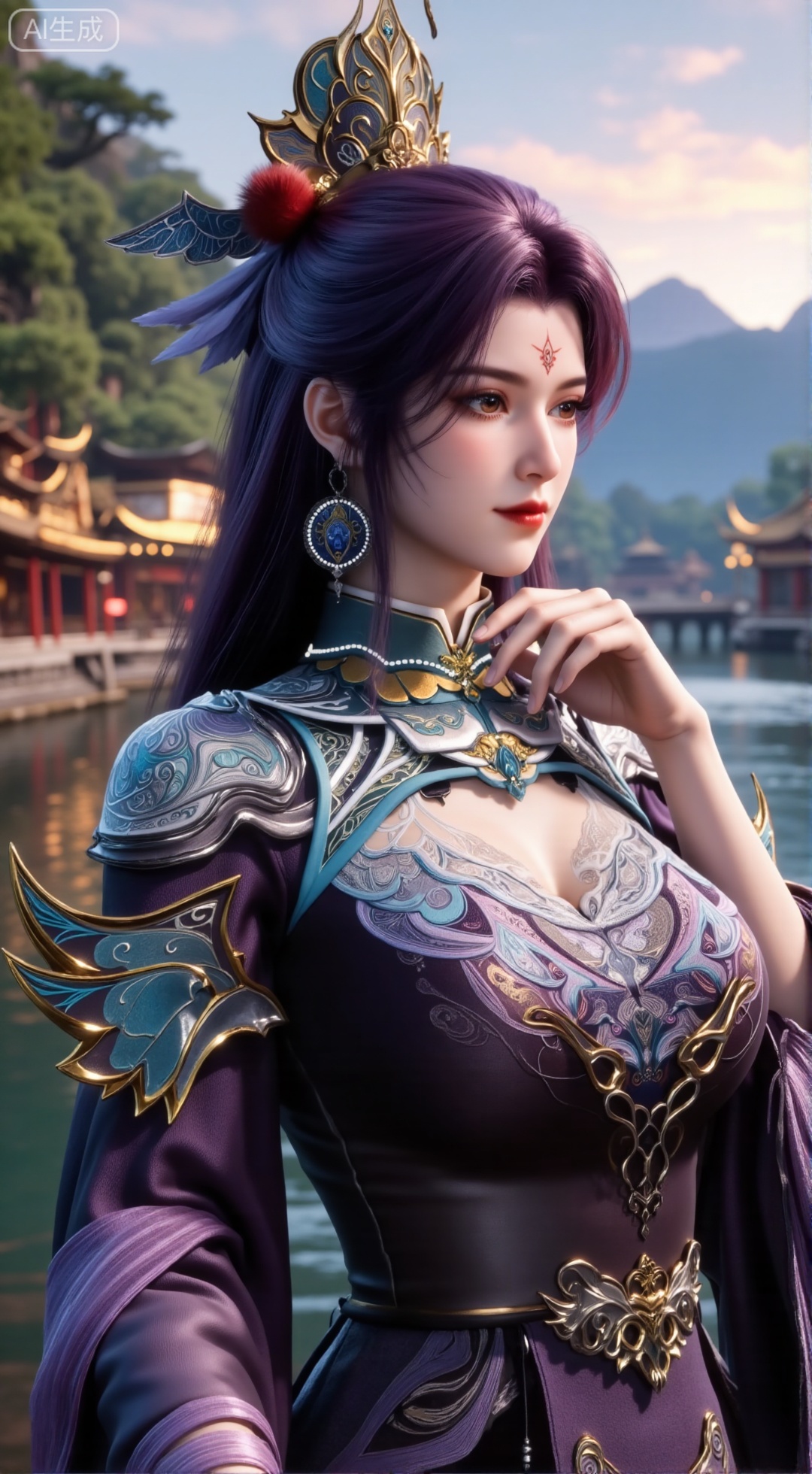  (masterpiece, best quality:1.2),1 girl, solo, long hair, black hair, hair accessories, clothing, cleavage cuts, long dress, jewelry, upper body, earrings. Background is outdoor, sky, clouds, water, trees, architecture, landscape, lantern, mountain, dragon, architecture, bridge, east Asian architecture, fog, pagoda,,(huge breasts:2.99),(full breasts:2.99),,,,Xbigbreasts,XbaifengsongyuYH,XzhouzimoH,XliancangH,XmupeilingHongyi,XyinyueX3,Xmaoyibaizhequn,XpikaqiuTX,XmupeulingHY3,XmupeulingHY2,XtangwutongXnb,Xyinyangjiaoshengnv,XsiyouyouYH