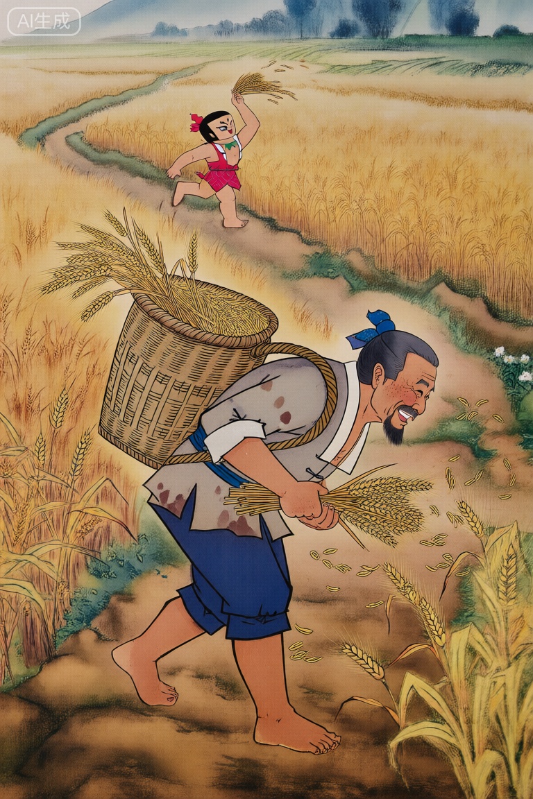 这是《葫芦兄弟》的场景。金黄麦穗田垄间,50岁的男人弯着腰,粗布褂子被汗水浸出深色斑块,赤脚踩在松软的泥土里。他双手攥着饱满的麦穗,指缝间漏下细碎的麦芒,脸上沟壑般的皱纹里嵌着汗珠,却笑得眼角堆起褶子,露出被晒得黝黑的牙床。 身后竹筐已盛满麦穗,沉甸甸压弯了筐沿。他直起身捶捶腰,望着翻涌的金色麦浪,忽然扯开嗓子喊了声,声音混着风穿过麦秆,惊起几只麻雀。红肚兜的人参娃从田埂跑过,他扬手丢过去一把麦穗,笑得更欢——那笑容,比头顶的日头还要暖。