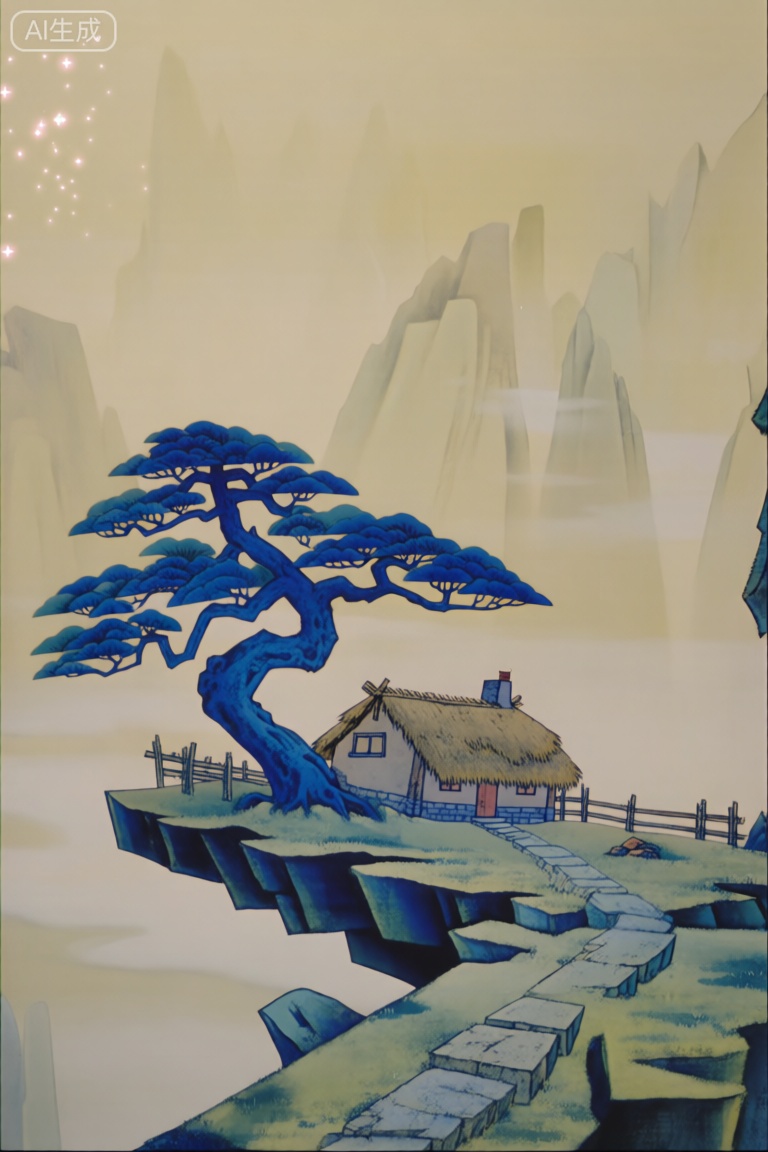 国产经典动画《葫芦兄弟》中的场景,悬崖边缘坐落着一间茅草屋,屋顶铺着茅草,屋旁竖着木栅栏,一条石板小径蜿蜒而出。一棵造型苍劲的蓝色松树生长于此,枝丫舒展。远处群山在淡黄色的雾气笼罩下,若隐若现,左上角还有闪耀的光点,整个场景充满神秘的东方韵味,以剪纸动画的独特风格,展现出宁静又奇幻的氛围。