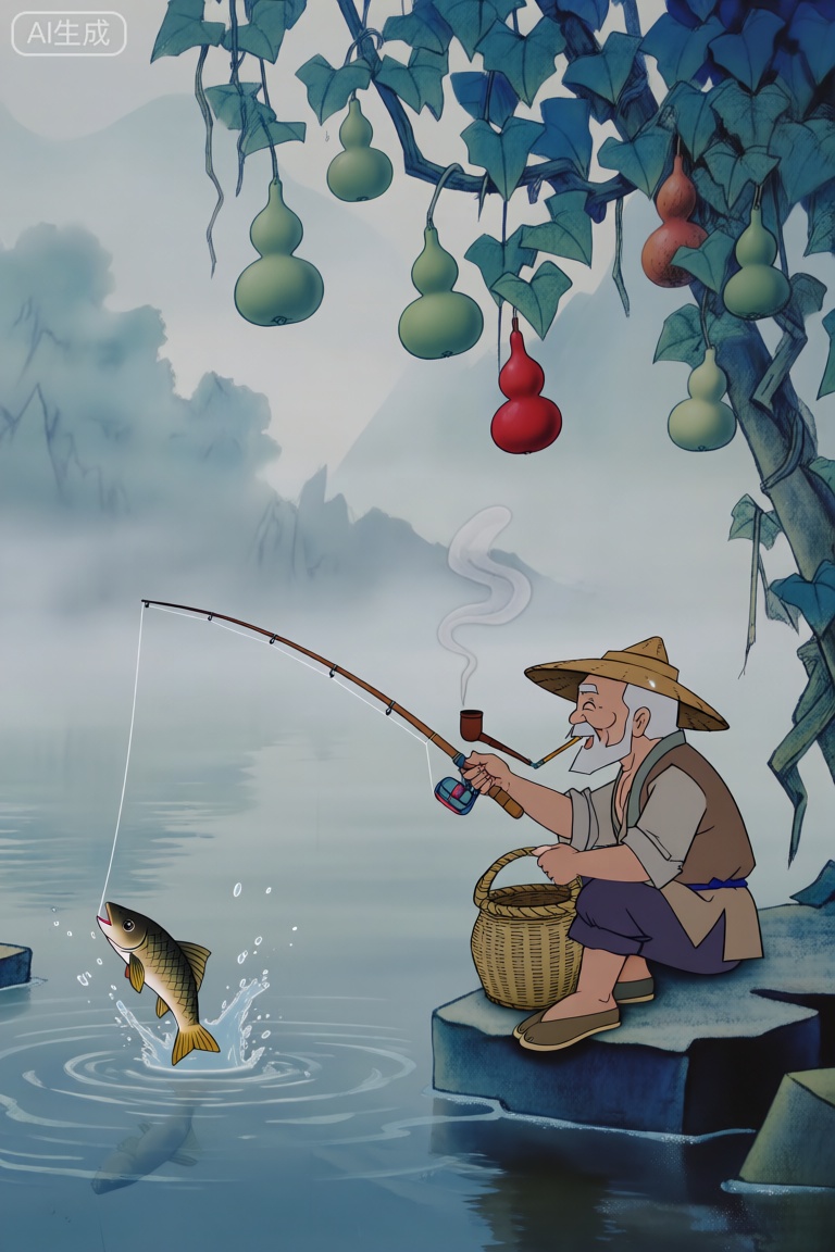 《葫芦兄弟》动画风格,湖边雾气氤氲,爷爷坐在青石上,草帽沿沾着晨露,手里的鱼竿斜斜垂在水面,钓线如银丝般静静沉着。他指间的旱烟锅明灭着,烟圈混在雾里慢慢散开。身后藤蔓上,七个葫芦青的滴翠、红的透亮,随风轻轻晃悠,像在偷偷瞅着水里的动静。
 
忽然鱼漂一沉,爷爷手腕轻扬,钓线划出银弧,一条金鳞鱼在水面蹦跳,水珠溅到他粗布褂子上。他笑着把鱼放进竹篓,烟锅在石头上磕了磕：“等你们成熟了,咱就用这鲜鱼汤补补。”红葫芦晃了晃,似在应和,晨雾里满是安稳的气息。