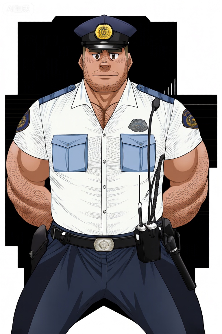 Qw1TengBshan, solo, looking at viewer, short hair, shirt, 1boy, hat, male focus, thighs, cowboy shot, collared shirt, belt, pants, uniform, muscular, feet out of frame, facial hair, thick thighs, arms behind back, black pants, thick eyebrows, blue shirt, pectorals, muscular male, bara, beard, large pectorals, bulge, black belt, sideburns, mature male, stubble, blue pants, tight, handcuffs, police, chest hair, police uniform, leg hair, arm hair, hairy, police hat
