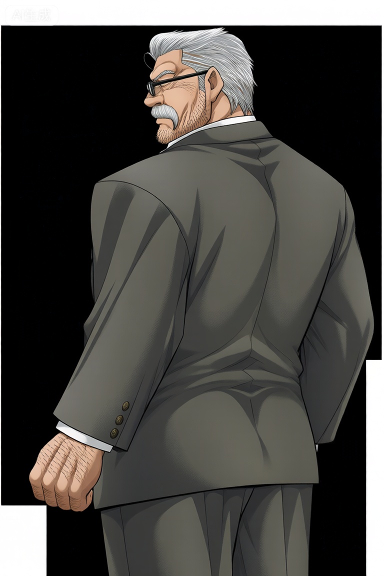 Qw1TengBshan, solo, looking at viewer, short hair, 1boy, white hair, grey hair, male focus, glasses, looking back, pants, from behind, muscular, facial hair, formal, suit, muscular male, bara, beard, black-framed eyewear, mature male, mustache, old, old man, wrinkled skin

