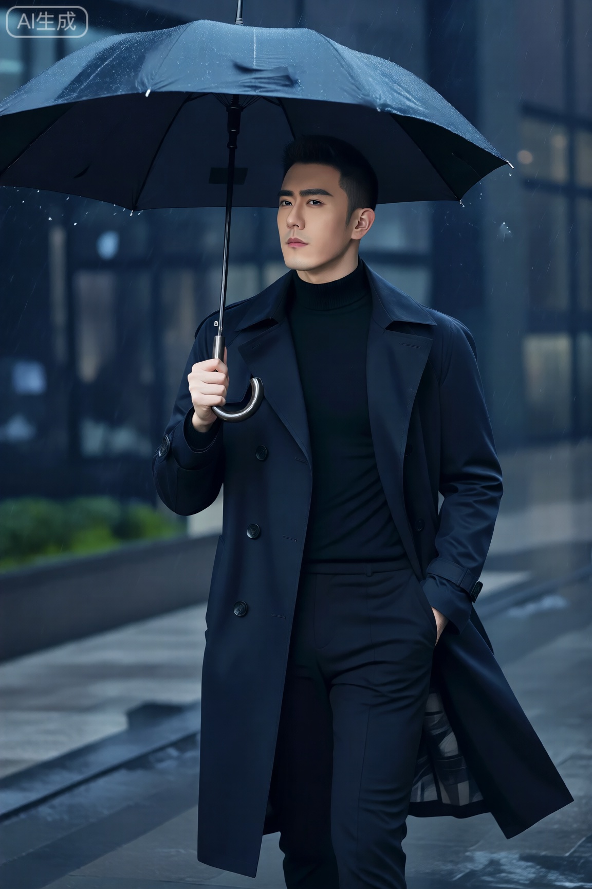 创作一幅写实风格图像：一名都市男性身着高领毛衣与长款风衣,在雨中漫步。他手持一把黑色雨伞,风衣下摆随风飘动,尽显优雅气质。采用电影感漫射光营造朦胧氛围,通过深色渲染传递雨夜的孤独感,色彩基调以深蓝与黑色为主,同时突出雨伞金属部件的银色反光。运用三分构图法平衡人物与雨景,打造一幅叙事感丰富的高清佳作,背景需具备电影质感。