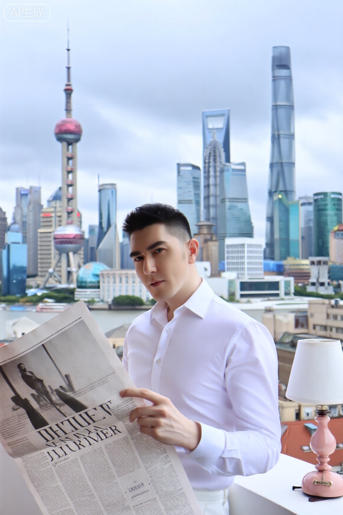 这是一张人物写真照片,男士身穿白色衬衫,站在一处阳台上。他手中拿着一份报纸,报纸上有黑色大标题文字。背景是繁华的城市天际线,能看到上海东方明珠塔以及多栋摩天大楼,天空略显阴沉,呈现出灰蓝色调。阳台上还摆放着一盏小巧的台灯,底座是粉红色,灯罩为白色,给画面增添了一丝温馨的元素。整体氛围展现出都市生活的精致与闲适,人物的穿搭和姿态也透露出一种优雅、从容的气质。