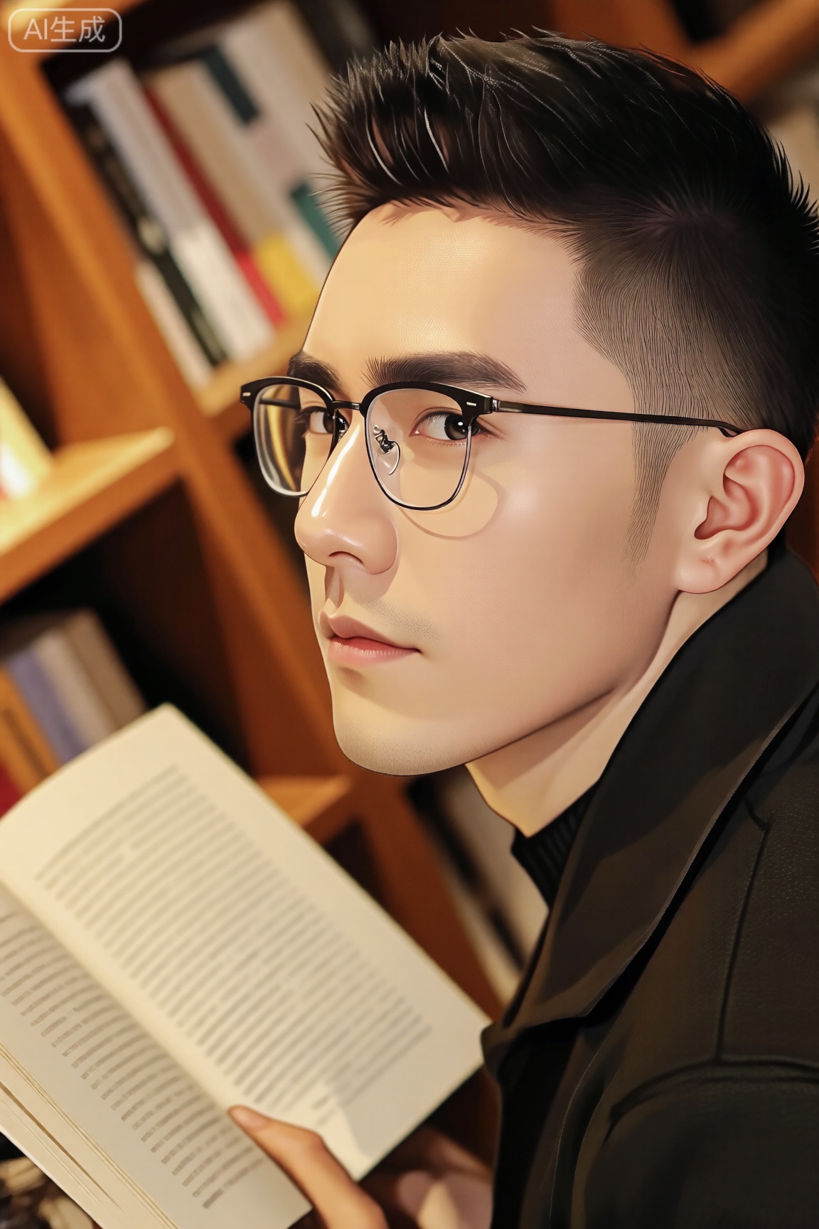 一位戴眼镜、面容斯文的男士,呈现出文艺气息浓厚的写实风格。光线从后方打亮头发,形成发丝光,同时在面部采用补光板适当补光,保证面部清晰。渲染注重对眼镜镜片反光、书本纸张质感等细节刻画。色彩以暖黄色调为主,搭配木质书架背景,营造温馨的阅读氛围。构图运用对角线构图,让人物沿画面对角线分布,增加画面的延伸感。从稍高的俯视视角拍摄,焦距70mm,光圈F3.2,快门速度1/180 秒,ISO 100,突出人物在环境中的状态。