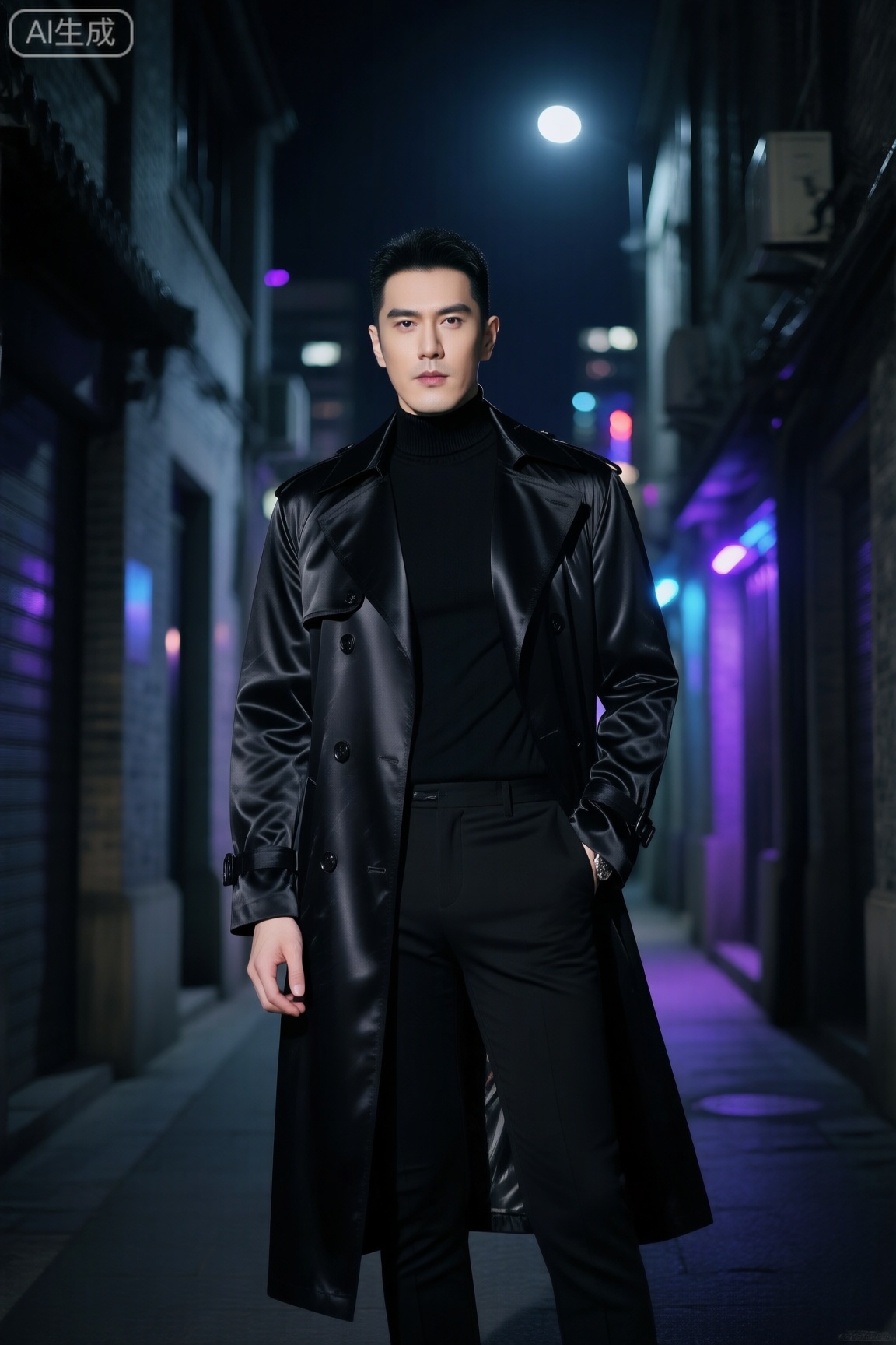 皮肤白皙、眼神深邃如渊的男士,身着一袭黑色丝质长款风衣,内搭黑色高领毛衣,搭配黑色修身长裤。整体风格偏向神秘暗夜。光线运用微弱的月光和偶尔闪烁的城市霓虹余光,从不同方向散射,制造出明暗交错的神秘氛围。渲染注重丝质风衣的垂坠感和光泽,以及毛衣的细腻质感。色彩以纯黑色为主,偶尔透露出霓虹的冷色光（如蓝、紫）作为点缀。构图采用对称构图,男士站在昏暗的小巷中央,左右两侧的建筑对称分布,增强画面的静谧与神秘感。视角为平视,与人物对视,增强代入感。摄影参数为光圈f/3.0,快门速度1/30 秒（因光线暗适当延长）,ISO 600,捕捉暗夜中的细节。