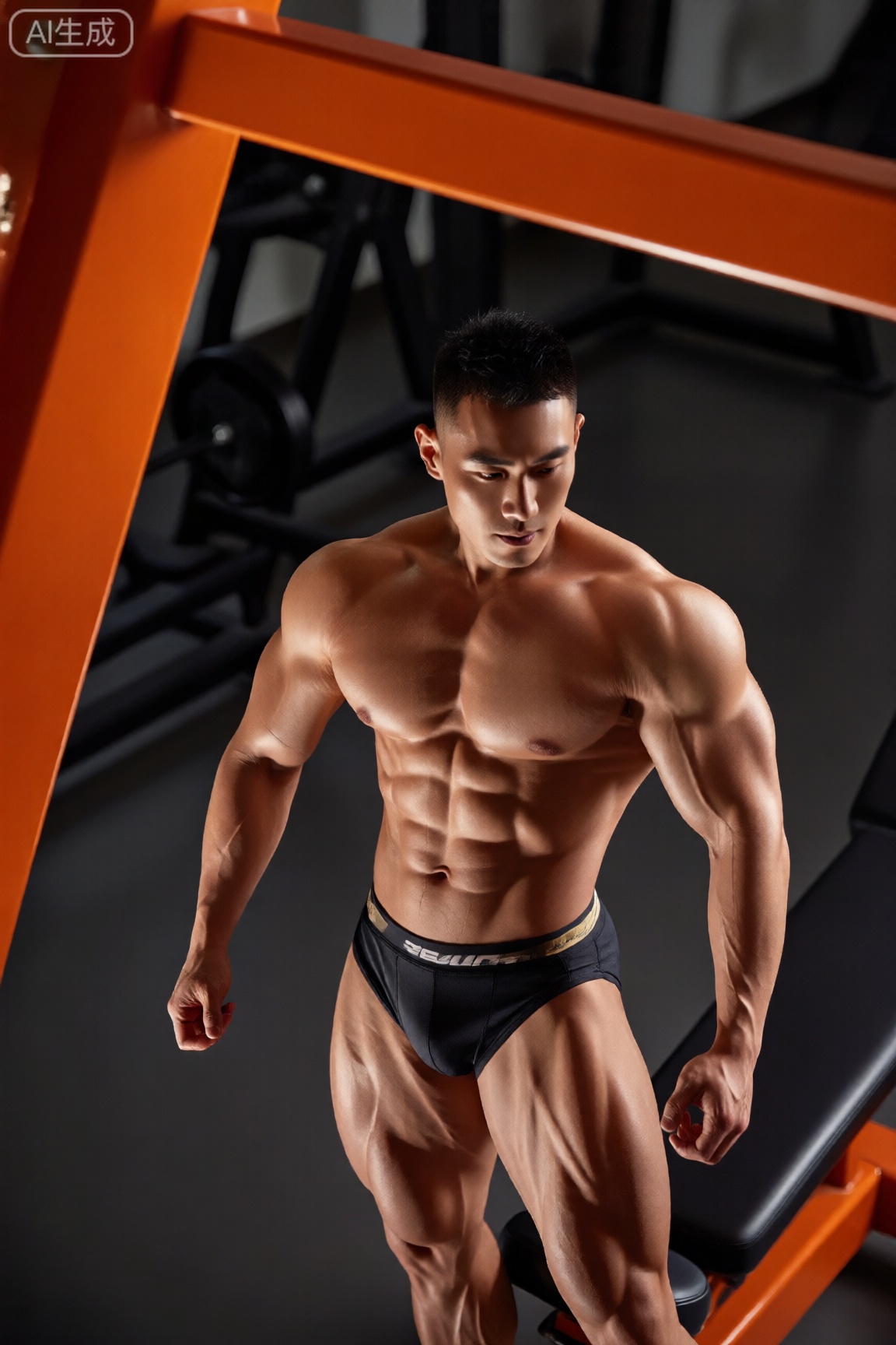 一位肌肉线条明显,  赤裸上身,  只穿运动短裤的健身男士 on Tensor.Art