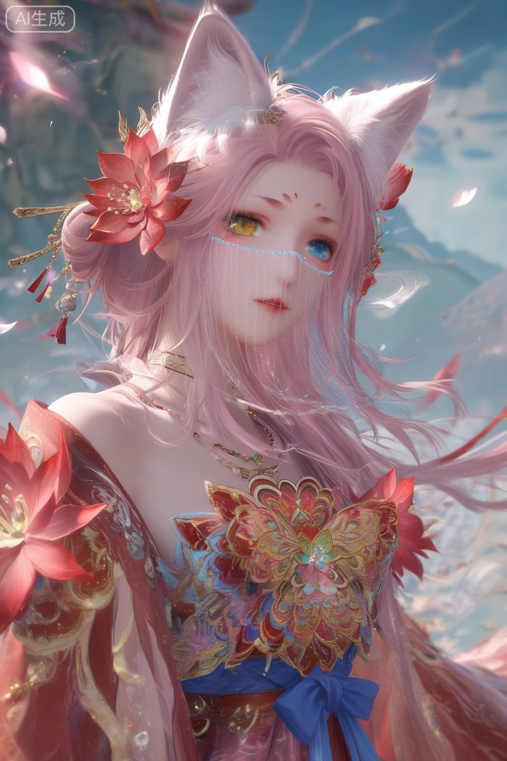 masterpiece, best quality, masterpiece,best quality,official art,extremely detailed CG unity 8k wallpaper,1girl,solo,looking at viewer,long hair,blue eyes,hair ornament,animal ears,bare shoulders,wide sleeves,jewelry,yellow eyes,pink hair,flower,parted lips,hair flower,necklace,animal ear fluff,see-through,fox ears,heterochromia,facial mark,veil,facing viewer,faceoff,wind,maple leaf,