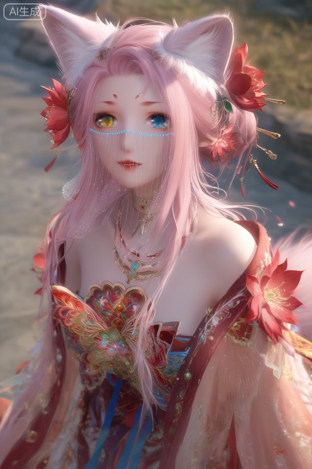 masterpiece, best quality, masterpiece,best quality,official art,extremely detailed CG unity 8k wallpaper,1girl,solo,looking at viewer,long hair,blue eyes,hair ornament,animal ears,bare shoulders,wide sleeves,jewelry,yellow eyes,pink hair,flower,parted lips,hair flower,necklace,animal ear fluff,see-through,fox ears,heterochromia,facial mark,veil,facing viewer,faceoff,wind,maple leaf,